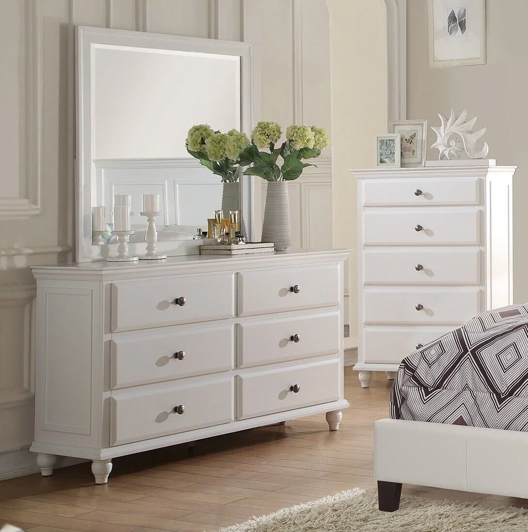 White Classic Queen Size Bed Dresser Mirror Nightstand 4pc Set Bedroom Furniture Tufted Faux Leather Headboard Platform Bed