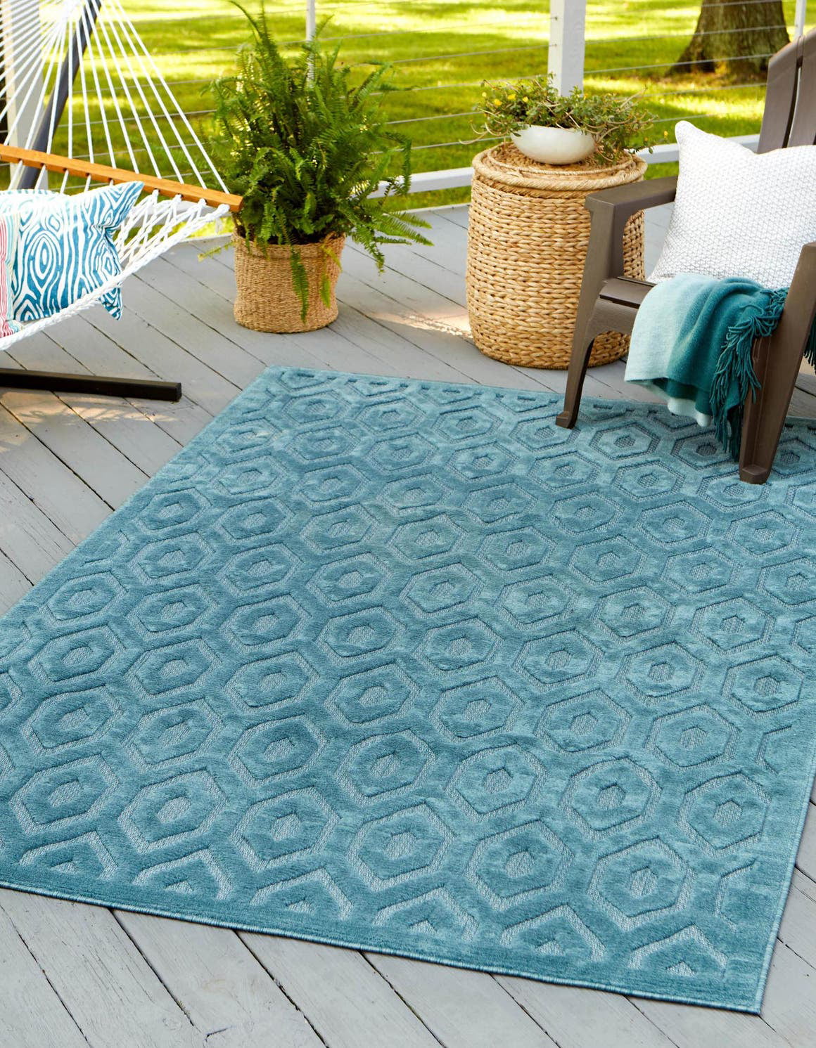 Unique Loom Spatial Indoor/Outdoor Trellis Textured Rug Aqua/Ivory 9' x 12' 2