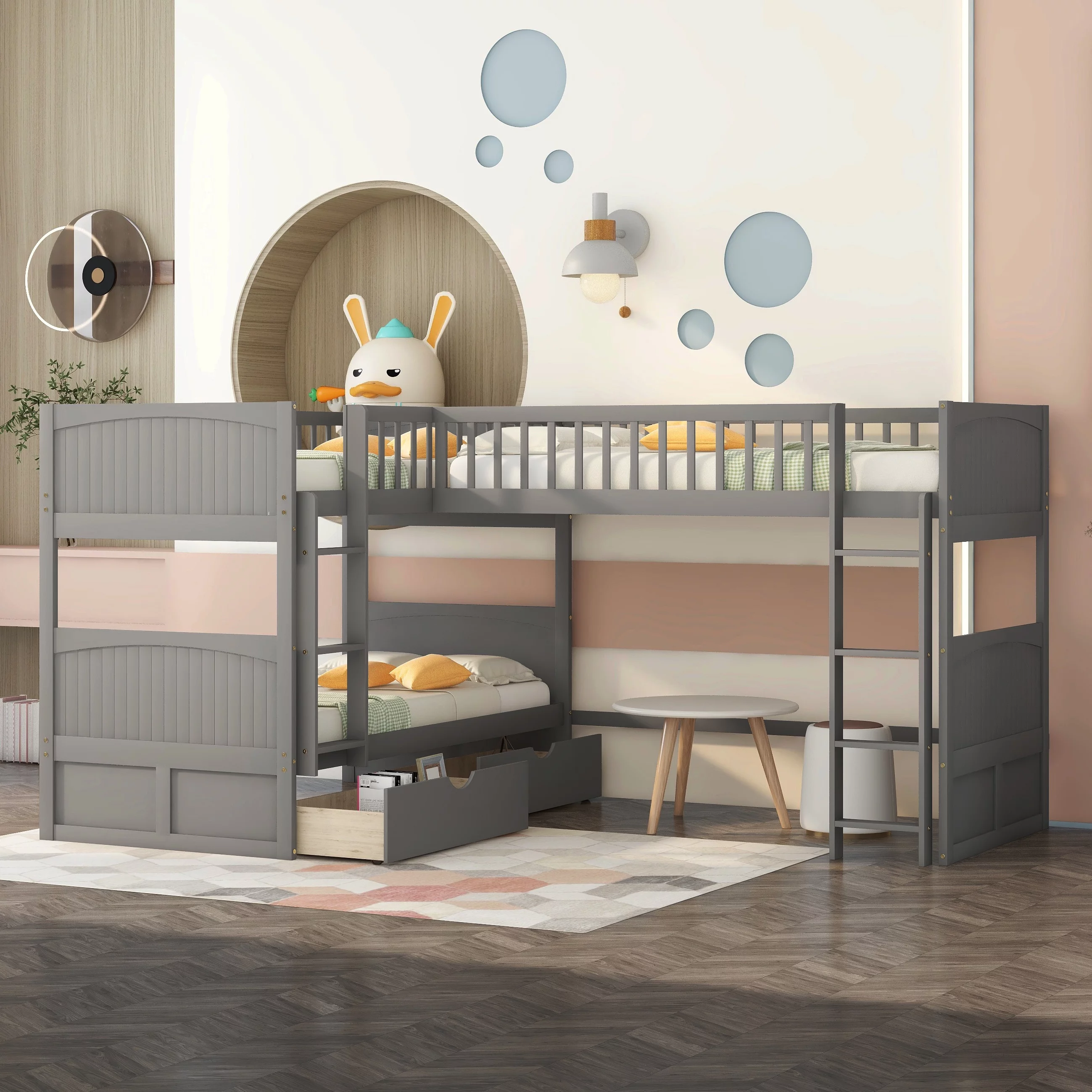 Bellemave Gray L-shaped Triple Twin Kids Bunk Bed with Drawers for Bedroom, Wood Twin Size 3 Kids Bunk Bed Frame with a Loft Bed attached, Two Drawers and Ladders