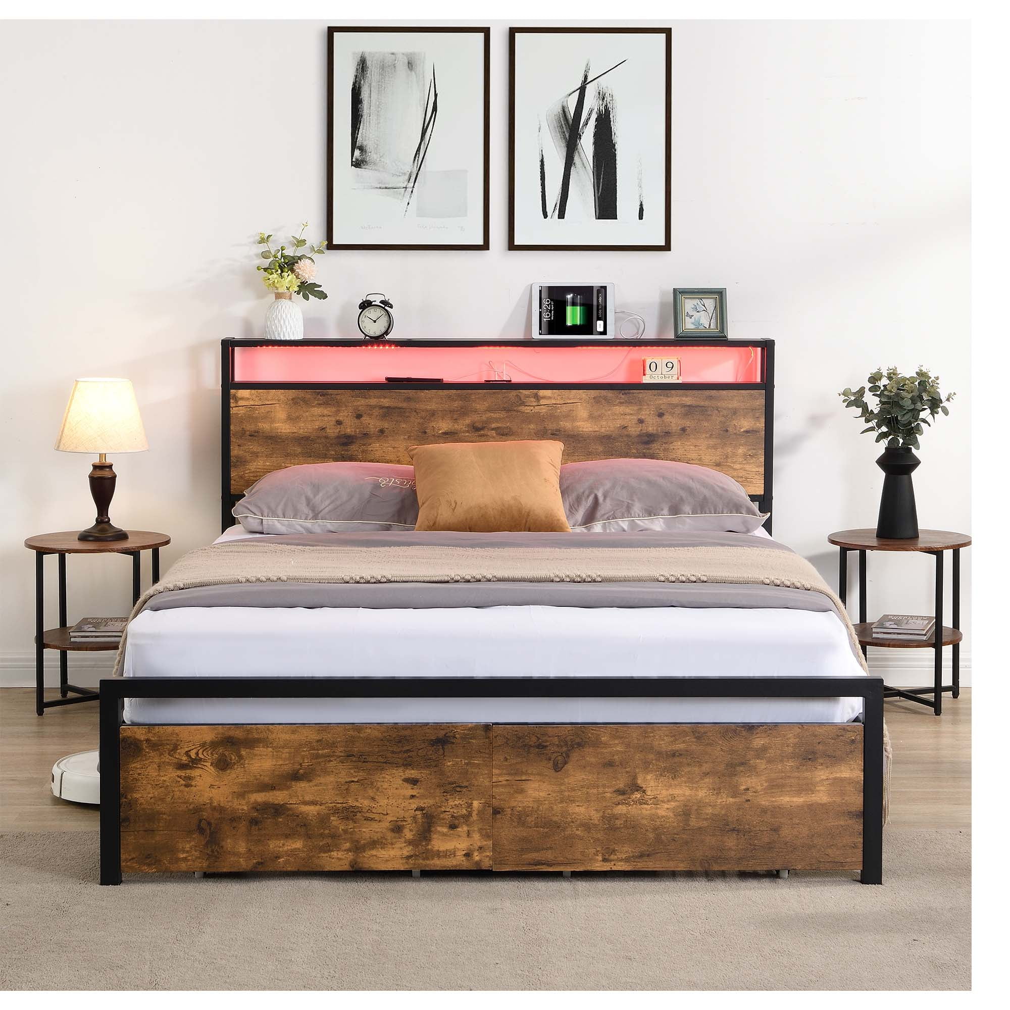 Momspeace Queen Size Metal Bed with Storage Headboard and 2 Drawers, Platform Bed Frame with LED Lights, Charging Station, Brown