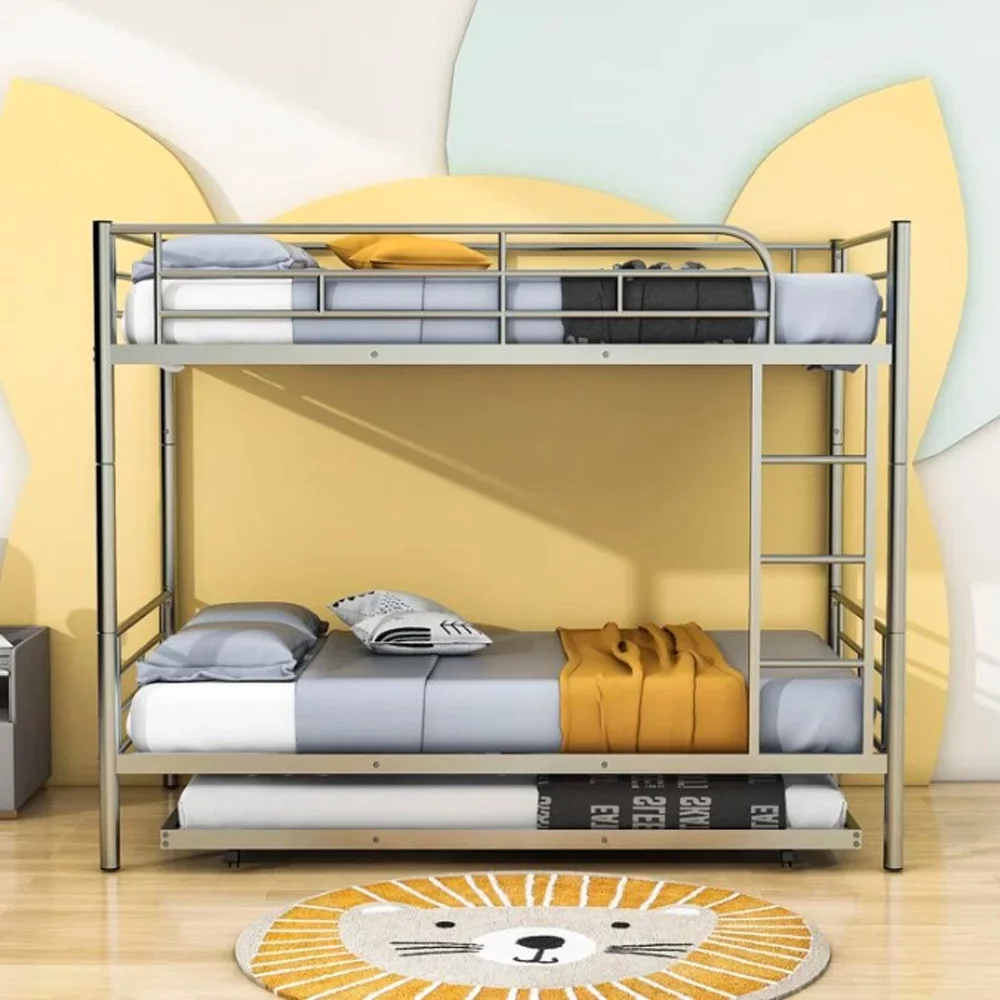 Twin over Twin Bunk Bed with Trundle, Metal Bunk Bed with Trundle, for Kids Teens Adults