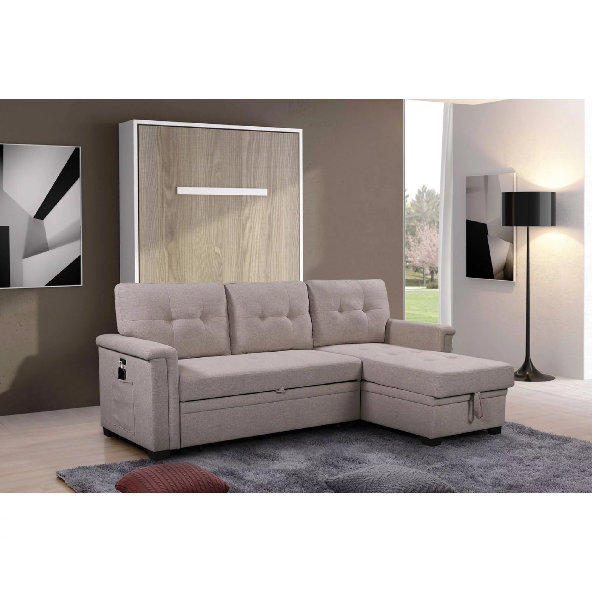 Ashlyn Light Gray Fabric Reversible Sleeper Sofa USB Charger Storage Chaise