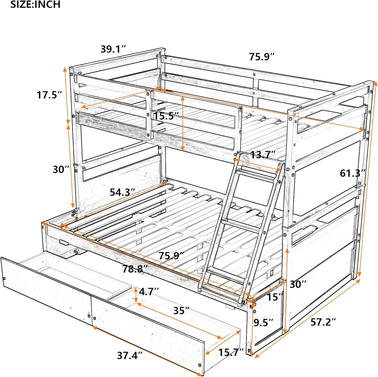 Over Full Bunk Bed With Storage, Wood Bunk Bed Frame With Two Drawer, Safety Guardrail, Ladder, Can Convertible To 2 Separated Beds For Kids, Teens, Adults ( Over Full, White)