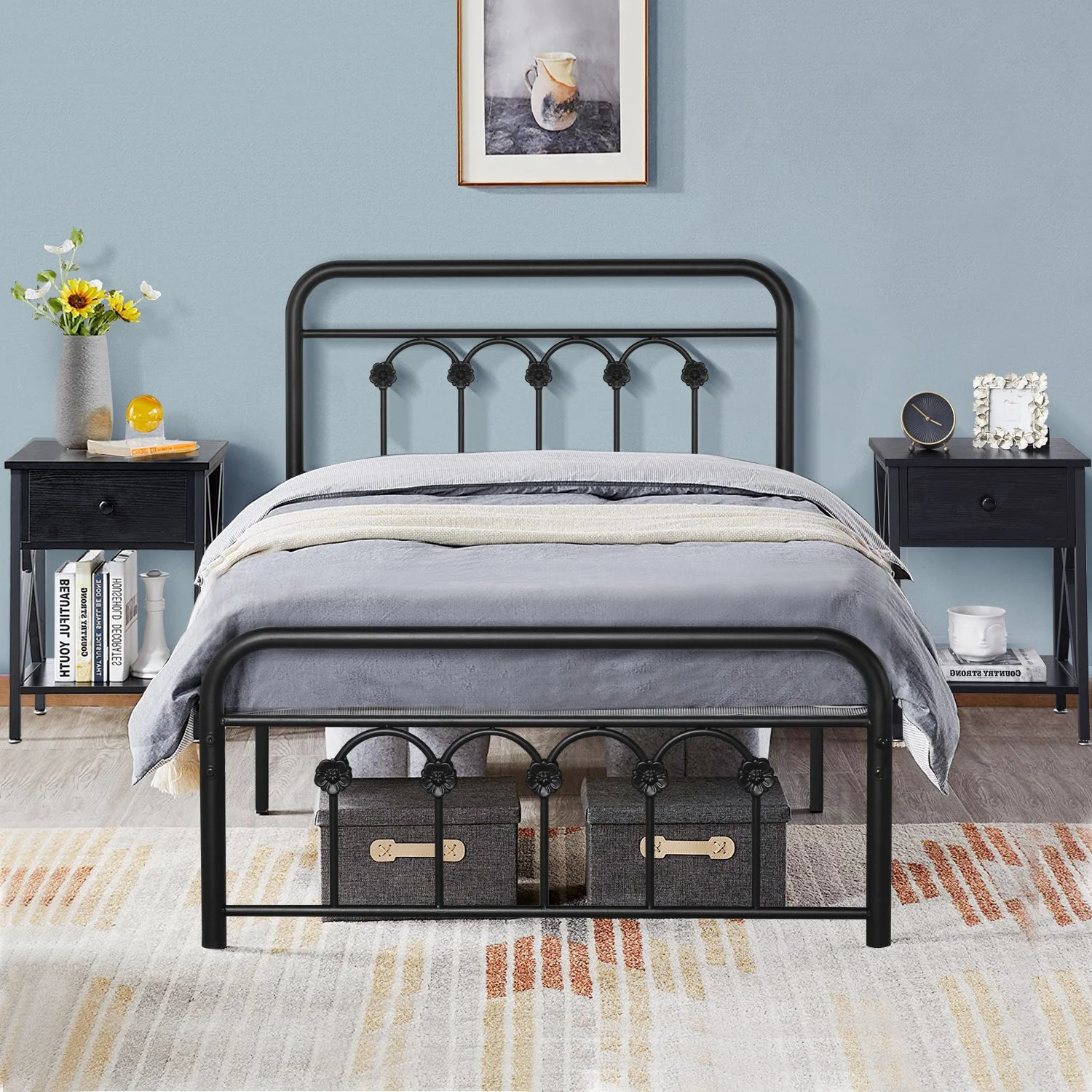 VECELO 3-piece Bedroom Set, Twin Size Metal Platform Bed Frame with 2 Black Nightstand