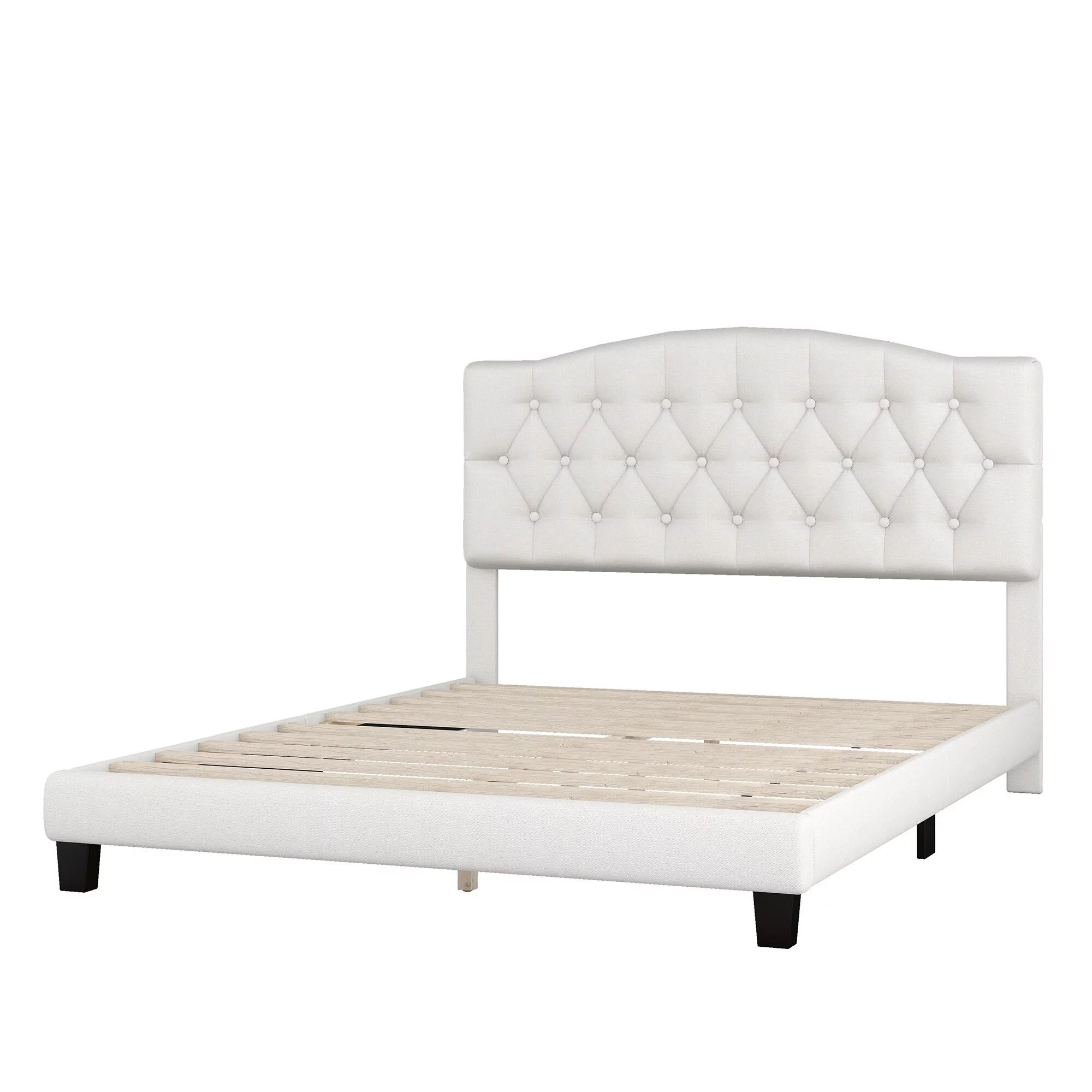 Beige Upholstered Platform Bed with Saddle Curved Headboard, Diamond Tufted Details, and Luxurious Upholstery, Queen