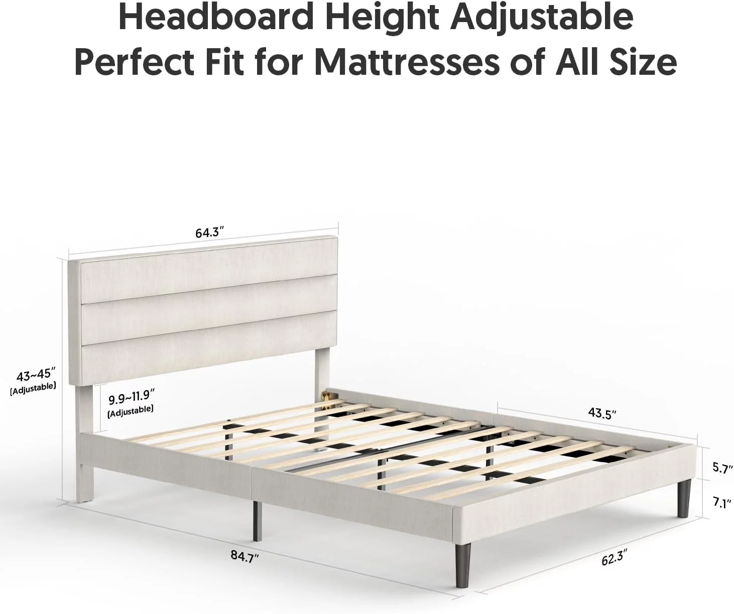 Bed Frame Modern Horizontal Panel Upholstered Low Profile Platform with Tufted Headboard/No Box Spring Needed/No Bed Skirt Needed/Linen Fabric Upholstery… (Beige, Queen Size)