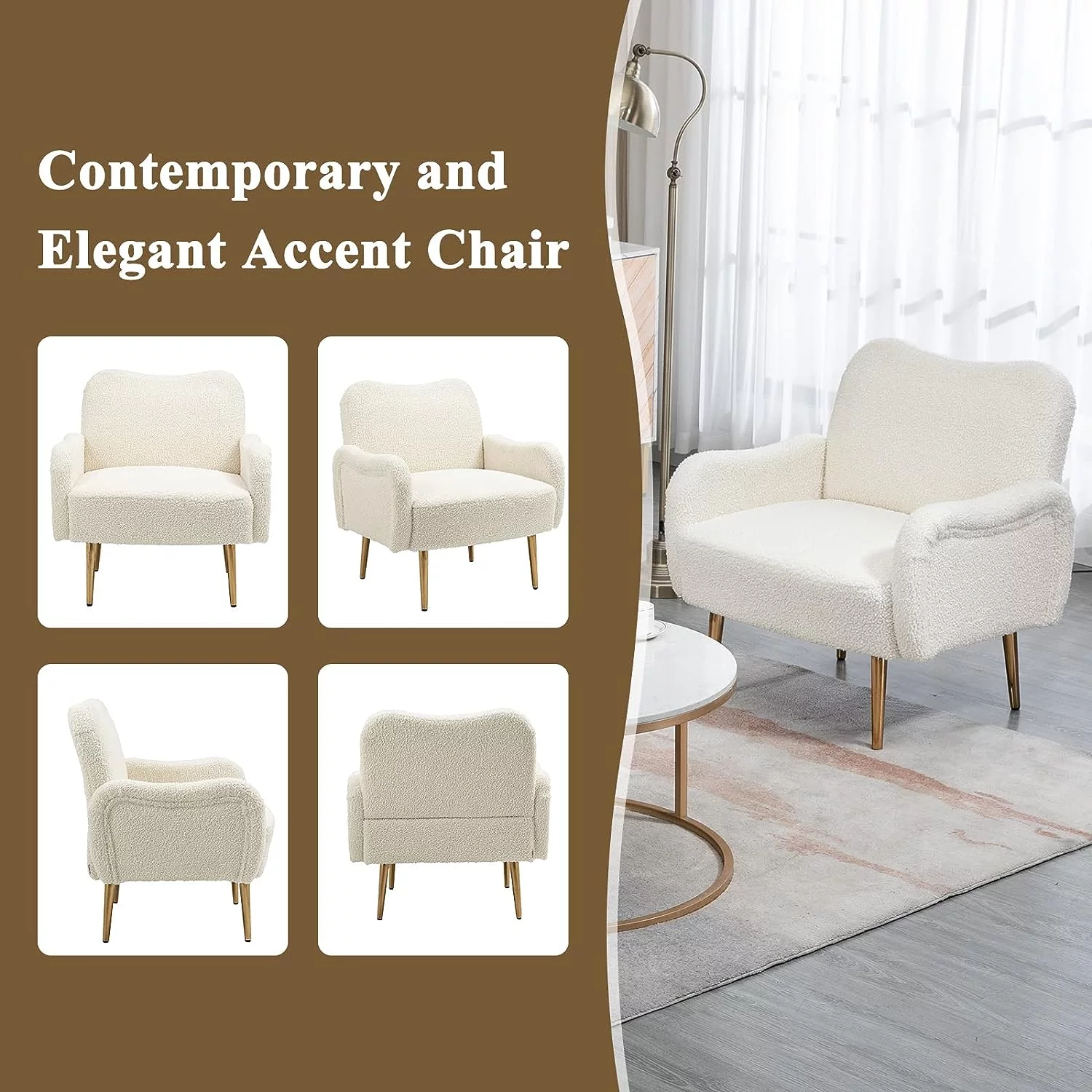 UPYOOE Living Room Chairs Upholstered Velvet Accent Chair Heart Shape Arm Chair with Modern Gold Legs for Bed Room, Reception Room (White Teddy, Single Seat)
