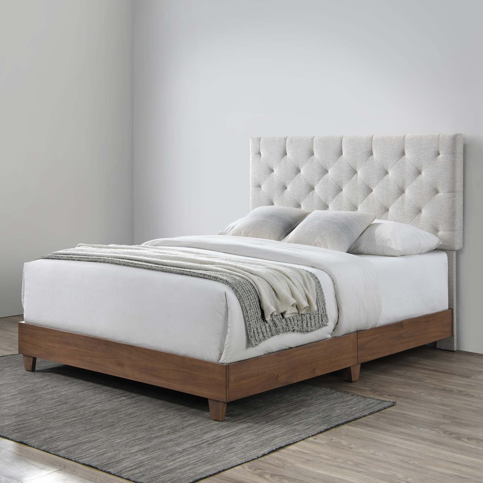 Modway Rhiannon Diamond Tufted Upholstered Fabric Queen Bed in Walnut Beige