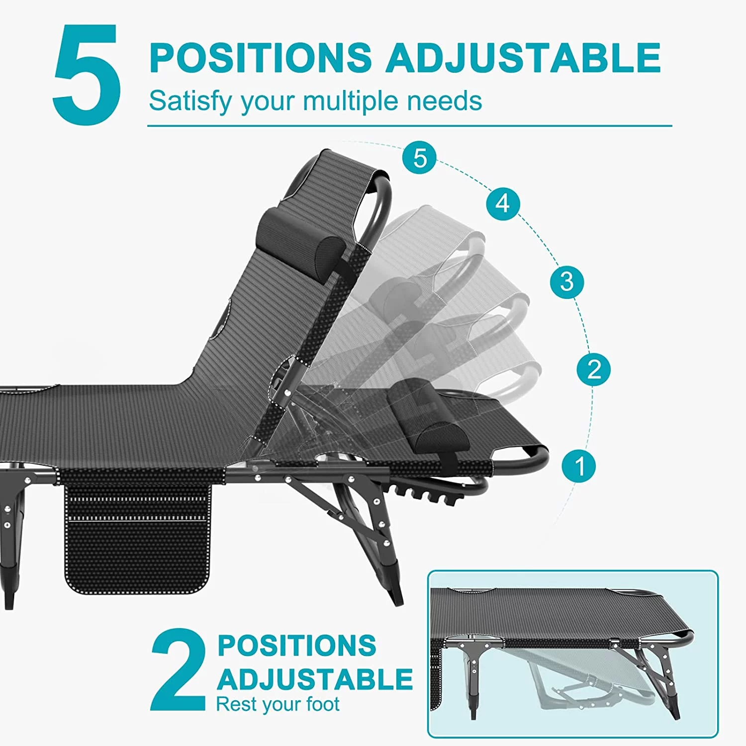 Slsy Folding Camping Cot with 2 Sided Cushion & Headrest for Adults & Kids, Adjustable 5-Position Folding Lounge Chair, Folding Sleeping Cots Guest Bed