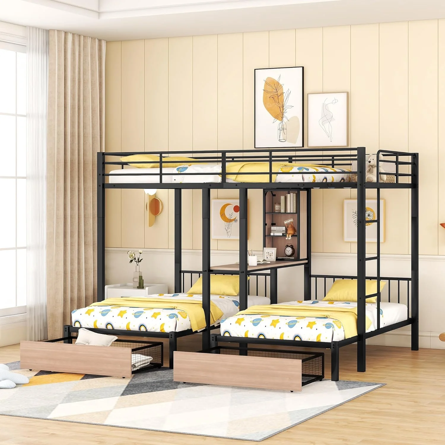 Triple Buk Bed With Desk Ad Storage Drawers, Shelves, Metal Full Over Two Buk Bed For 3 Kids, Three Beds Buk Bed With Ladder Ad Guardrails For Tees Tees Adults, Black