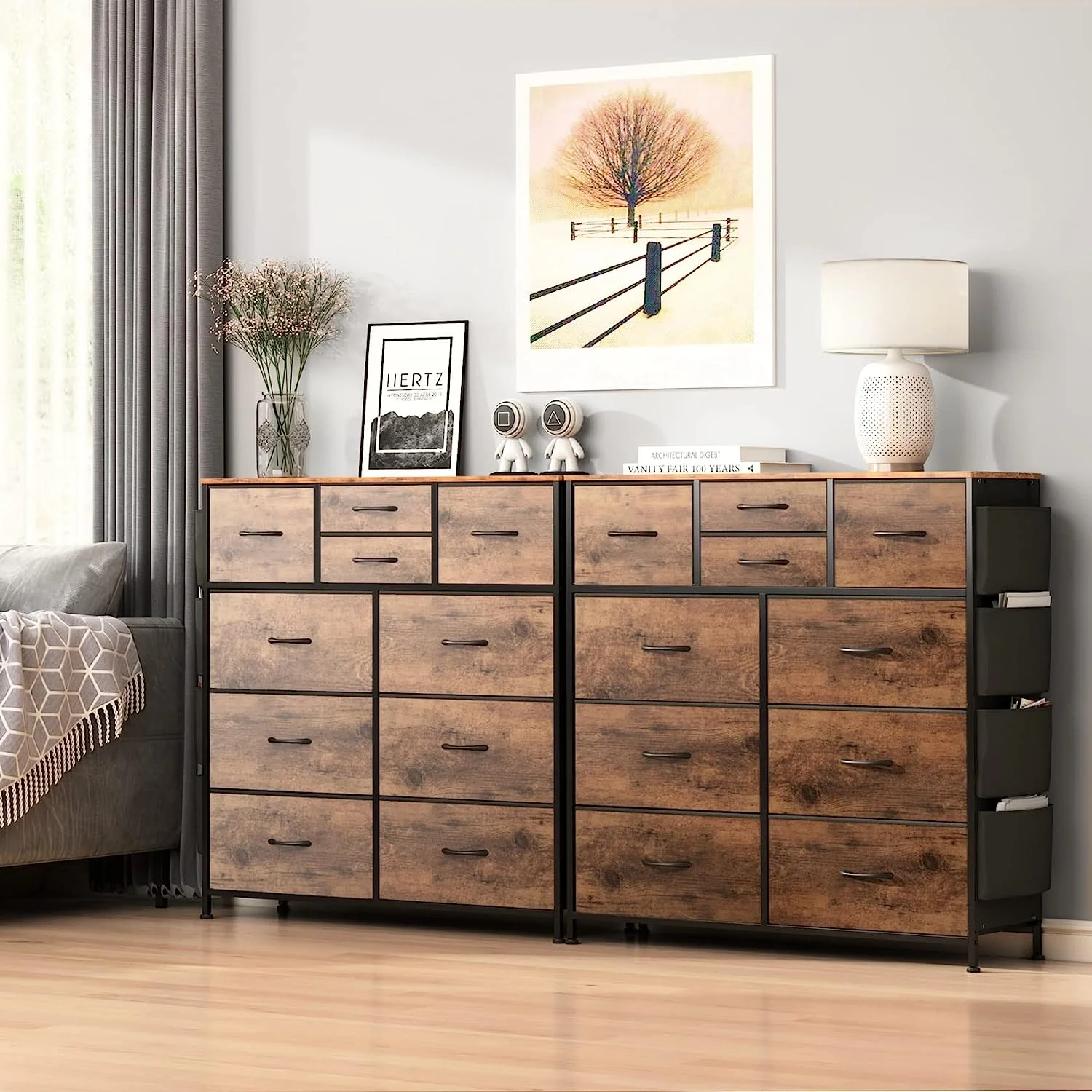 10 Drawer Dresser  Chest of Drawers for Bedroom with Side Pockets and Hooks  Fabric Storage Dresser  Sturdy Steel Frame  Wood Top  Organizer Unit for Nursery  Hallway  Closet (Rustic Brow