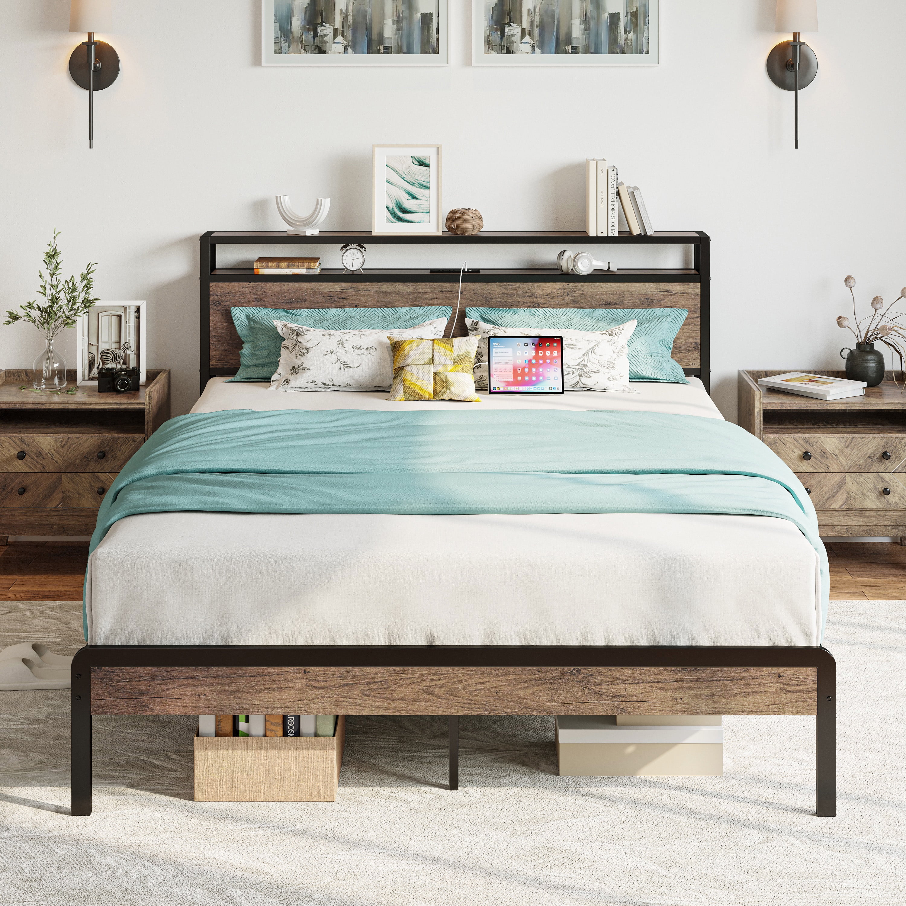 IRONCK Full Platform Bed Frame with Storage Headboard and Charging Station, No Box Spring Needed
