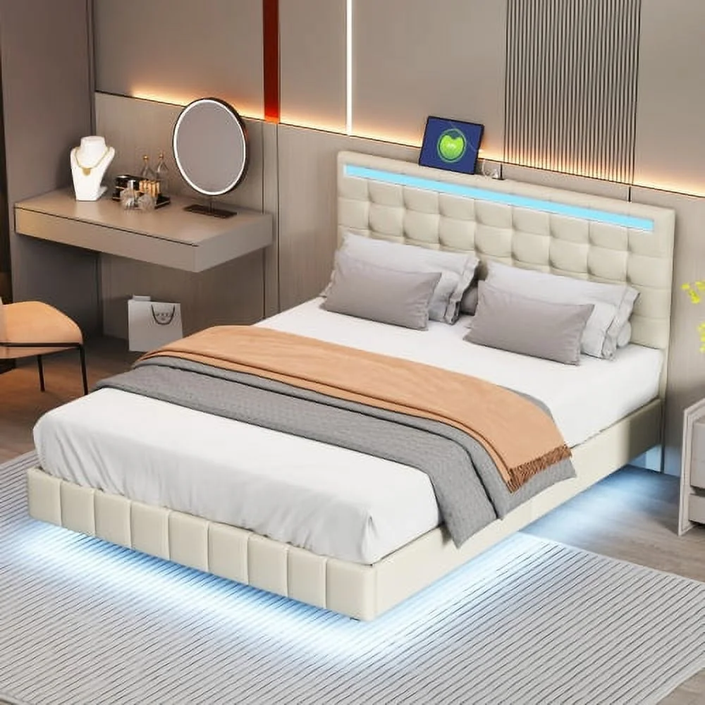 Queen Size Floating Bed Frame with LED Lights and USB Charging,Modern Upholstered Platform LED Bed Frame,Linen upholstery,Beige