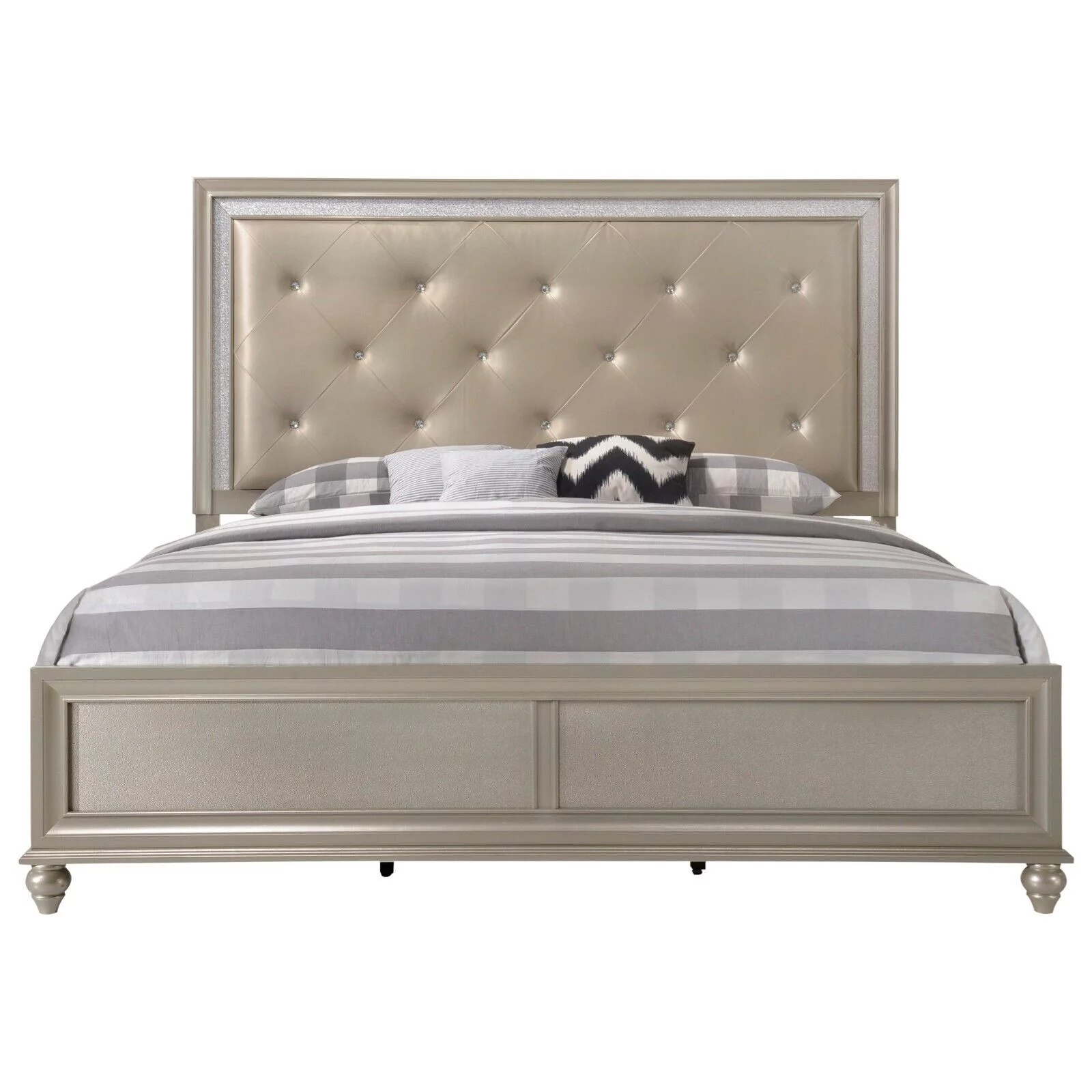 Modern Champagne Faux Diamond Button Tufted HB Finish 6pc King Size Bedroom Set Bed Dresser Mirror Nightstand Chest
