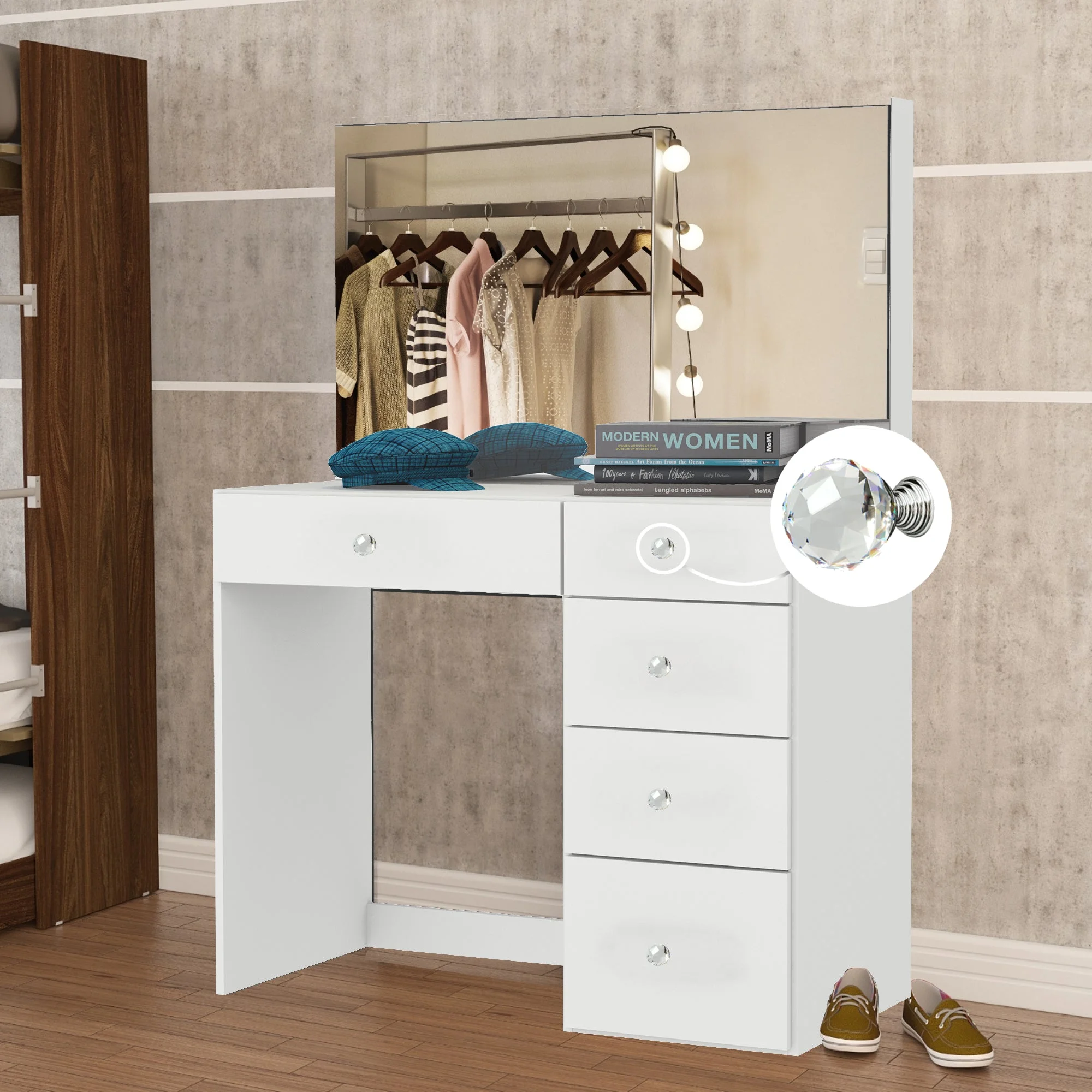 Boahaus Kira PRO Modern Makeup Vanity, 5 Drawers, Mirror, Crystal Ball Knobs, White, for Bedroom