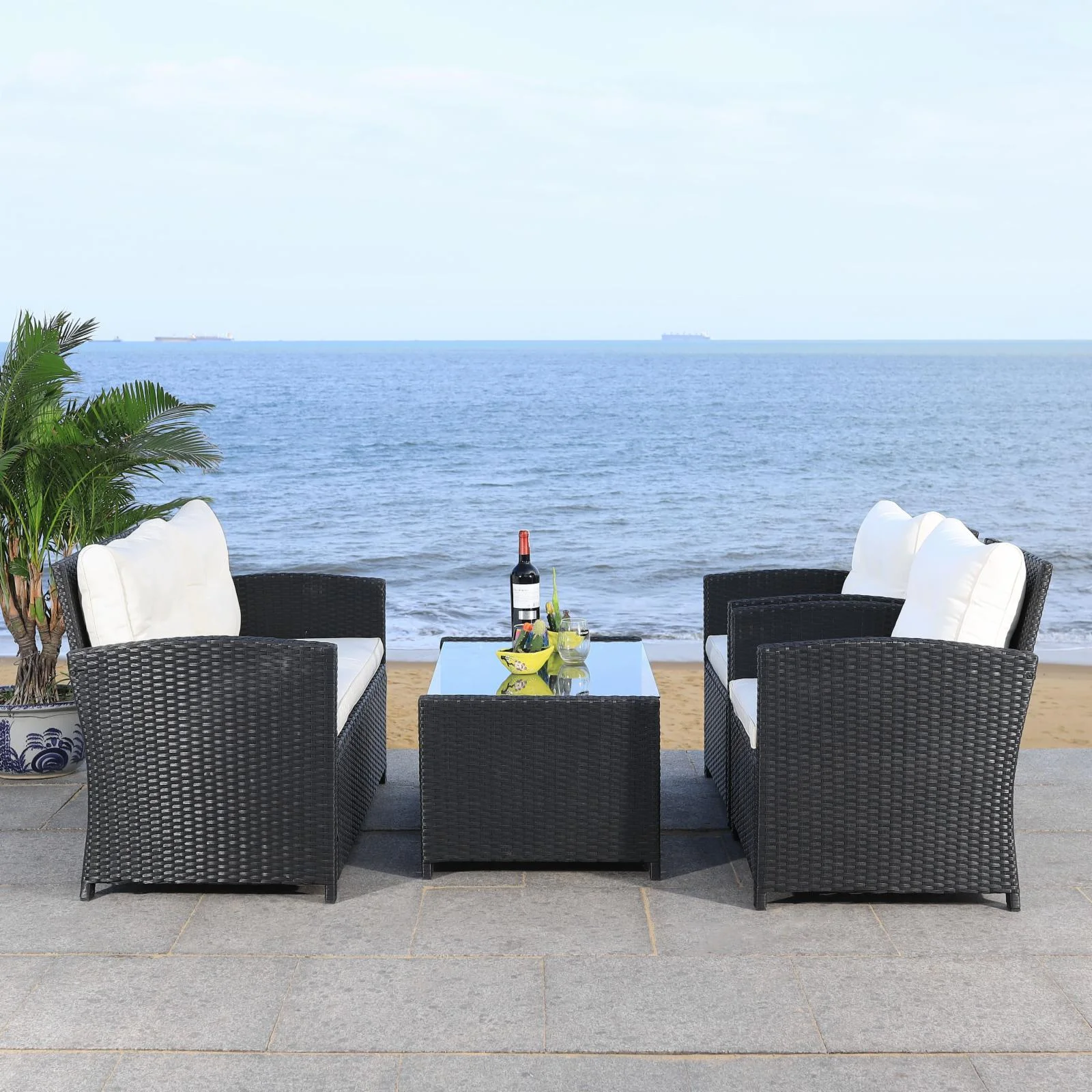 SAFAVIEH Vellor Outdoor Patio 4 Piece Conversation Set, Black/Light Grey