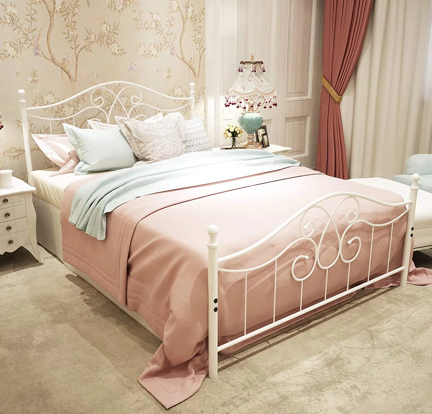 JIAH Metal Bed Frame Size with Headboard and Footboard Platform Base Bed Frame (,Antique Brown)