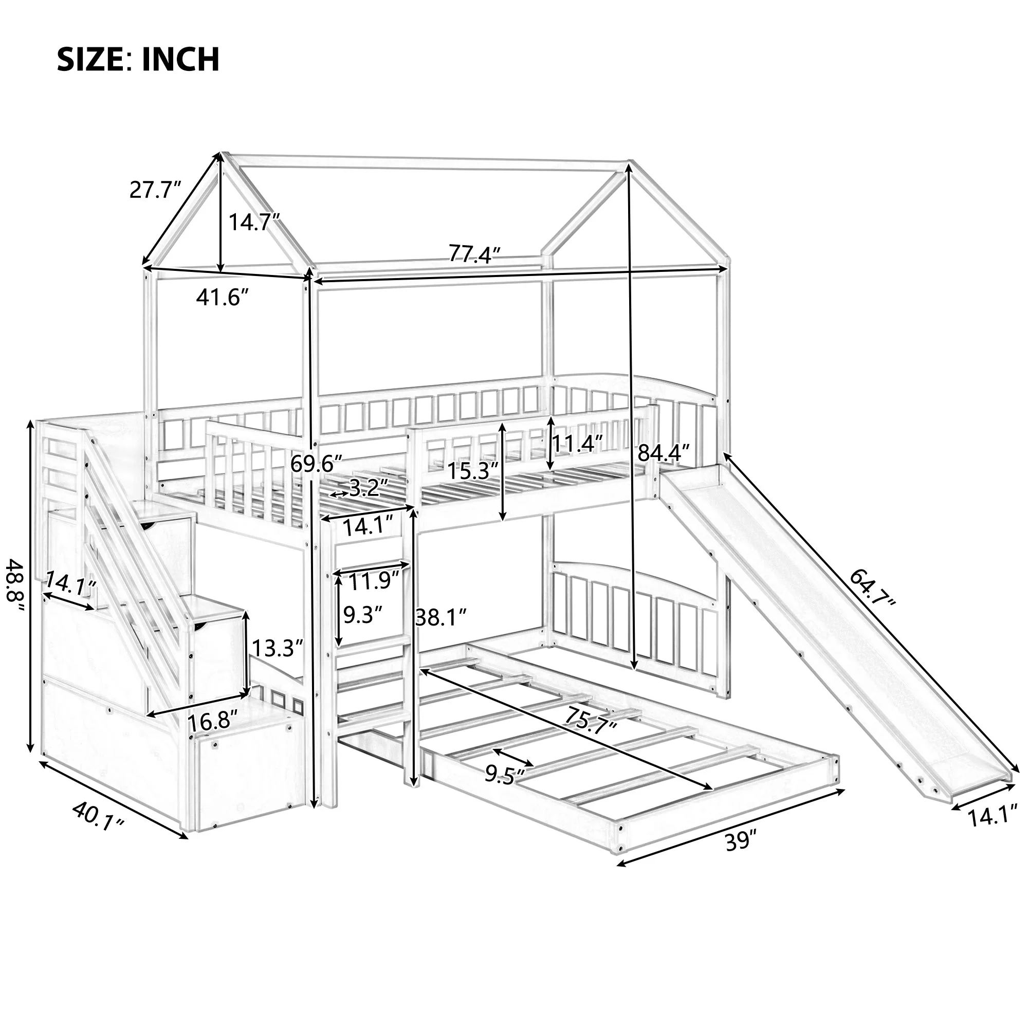 White Twin Over Twin Bunk Bed with Two Drawers and Slide, House Bed with Slide