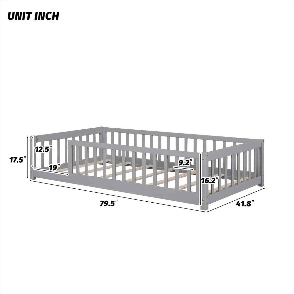 Twin Floor Platform Bed with Fence without Door Grey