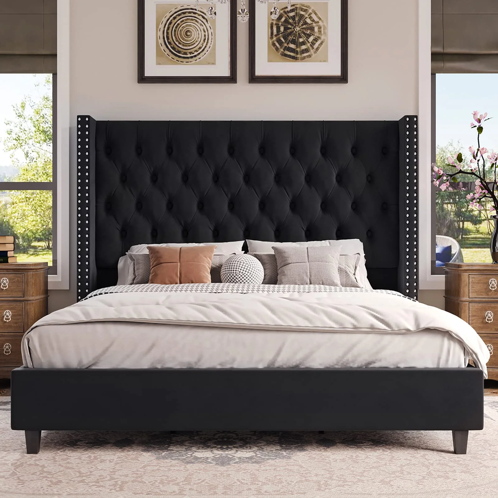 Queen Upholstered Bed Frame with Tall Headboard Wingback Platform Bed Tufted Deep Button Velvet/No Box Spring Needed/Easy Assembly/Black