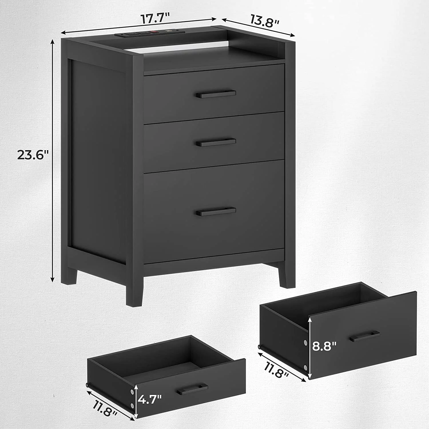 SEDETA Set of 2 LED Nightstand with Charging Station, Nightstand with 3 Drawers, USB Ports and Outlets, Modern Bedside Table for Bedroom, Black