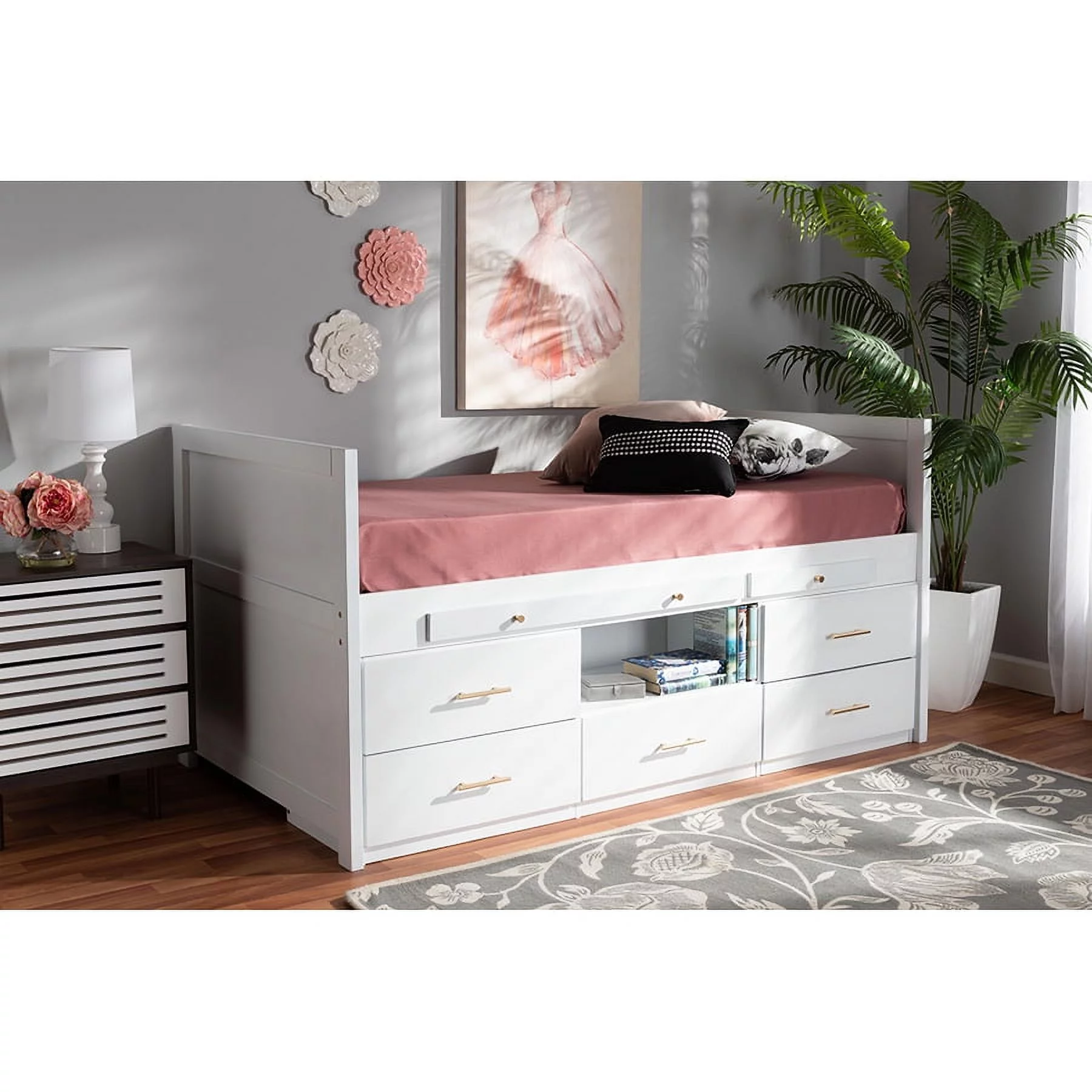 Baxton Studio Mirza Modern and Contemporary White Finished Wood 5-Drawer Twin Size Storage Bed with Pull-Out Desk