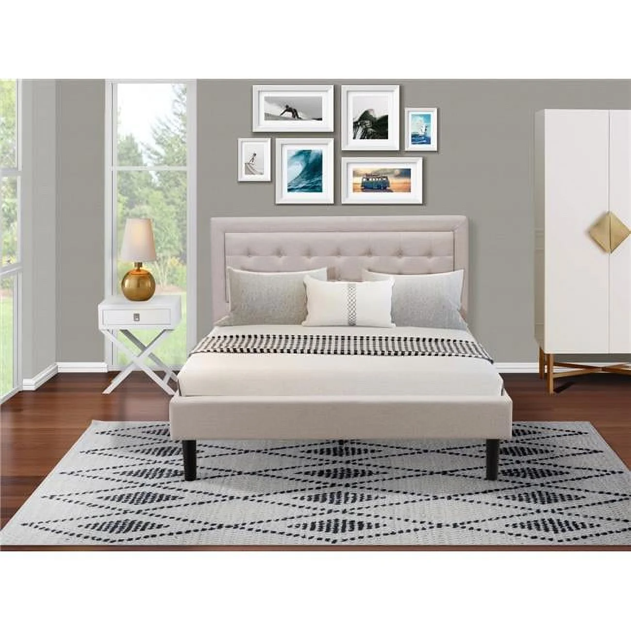 East West Furniture 2 Piece Fannin Queen Size Bedroom Set - Mist Beige, Black & White
