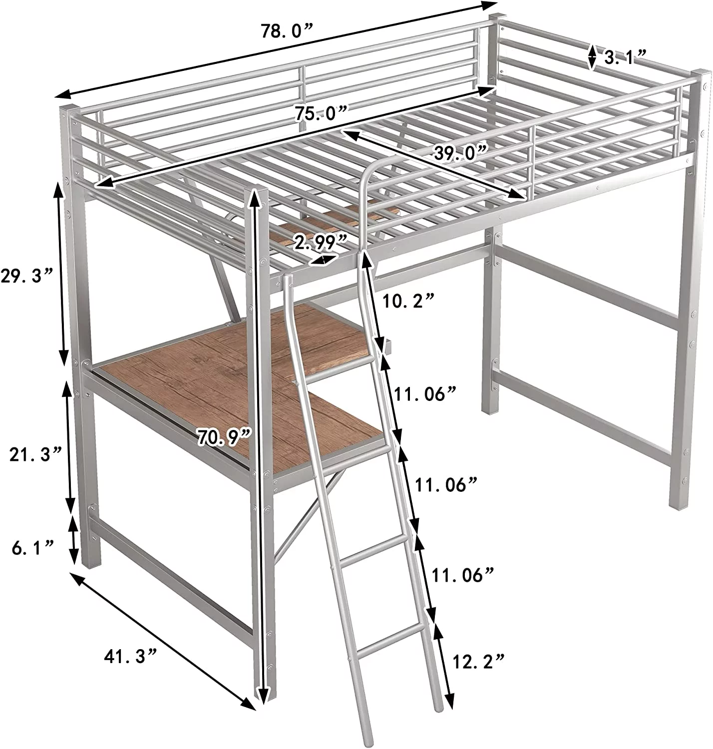 YINCHEN Modern Twin Heavy Metal Bunk Bed with Ladder Loft Bed with Desk for Bedroom, Dorm,Appartment Space-Saving Silver