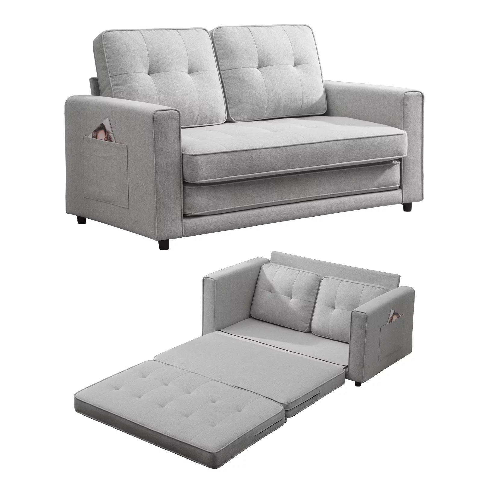Mjkone Convertible Sofa Bed, Upholstered Loveseat Couch,Futon loveseat sleeper, Linen Fabric and High Density Couch, Pull out futon sofa bed, Furniture for Living Room, Apartment, Light Grey