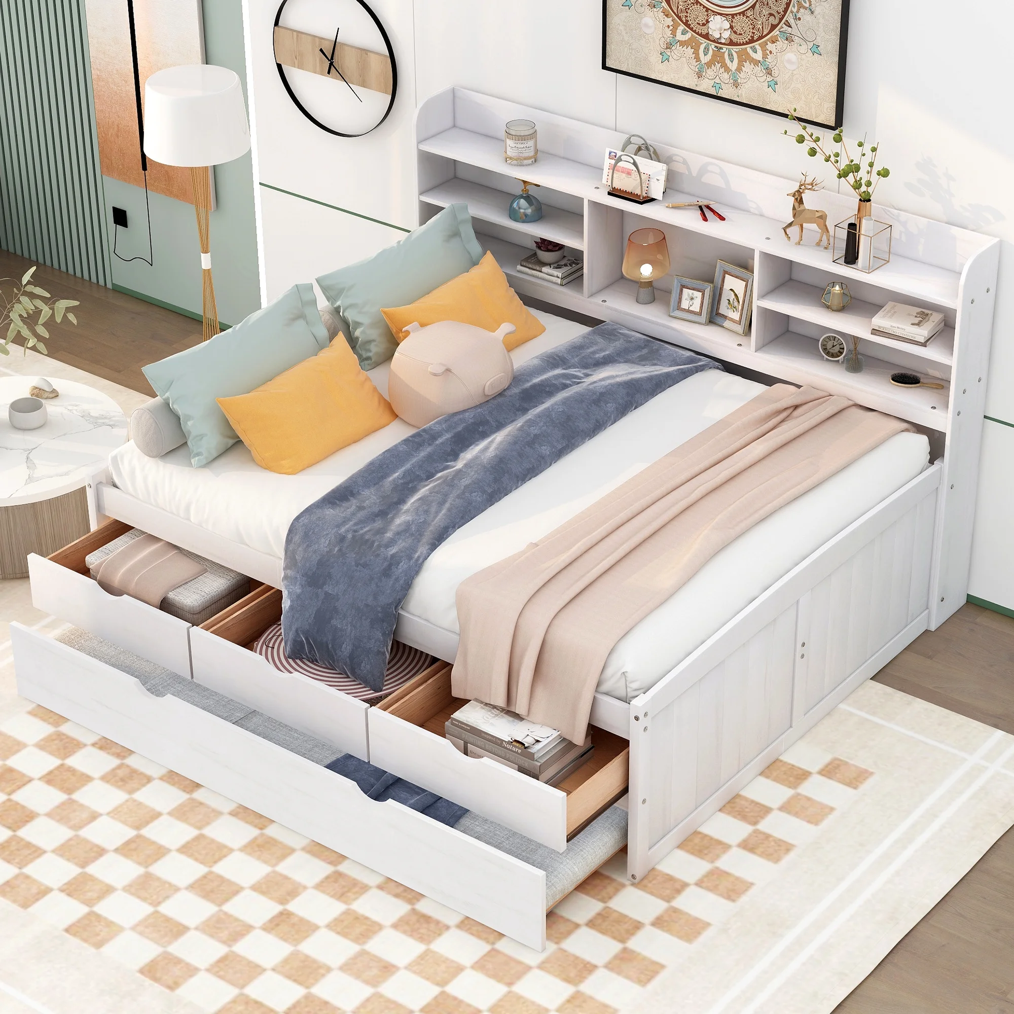 CoSoTower Full Size Wooden Captain Bed with Built-In Bookshelves,Three Storage Drawers and Trundle,White