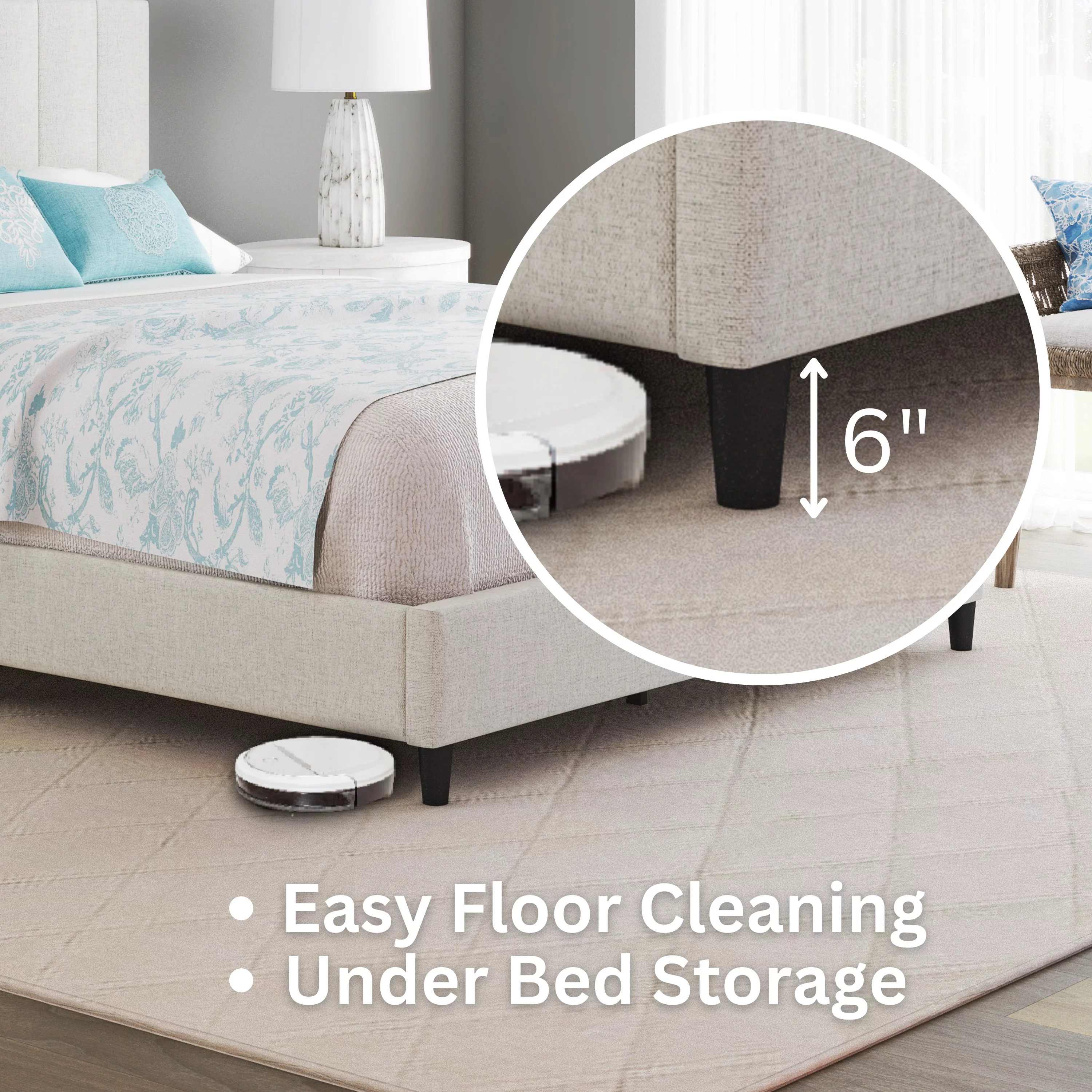 Boyd Sleep Leah Linen Platform Bed Frame with Upholstered Headboard, Off White, Queen