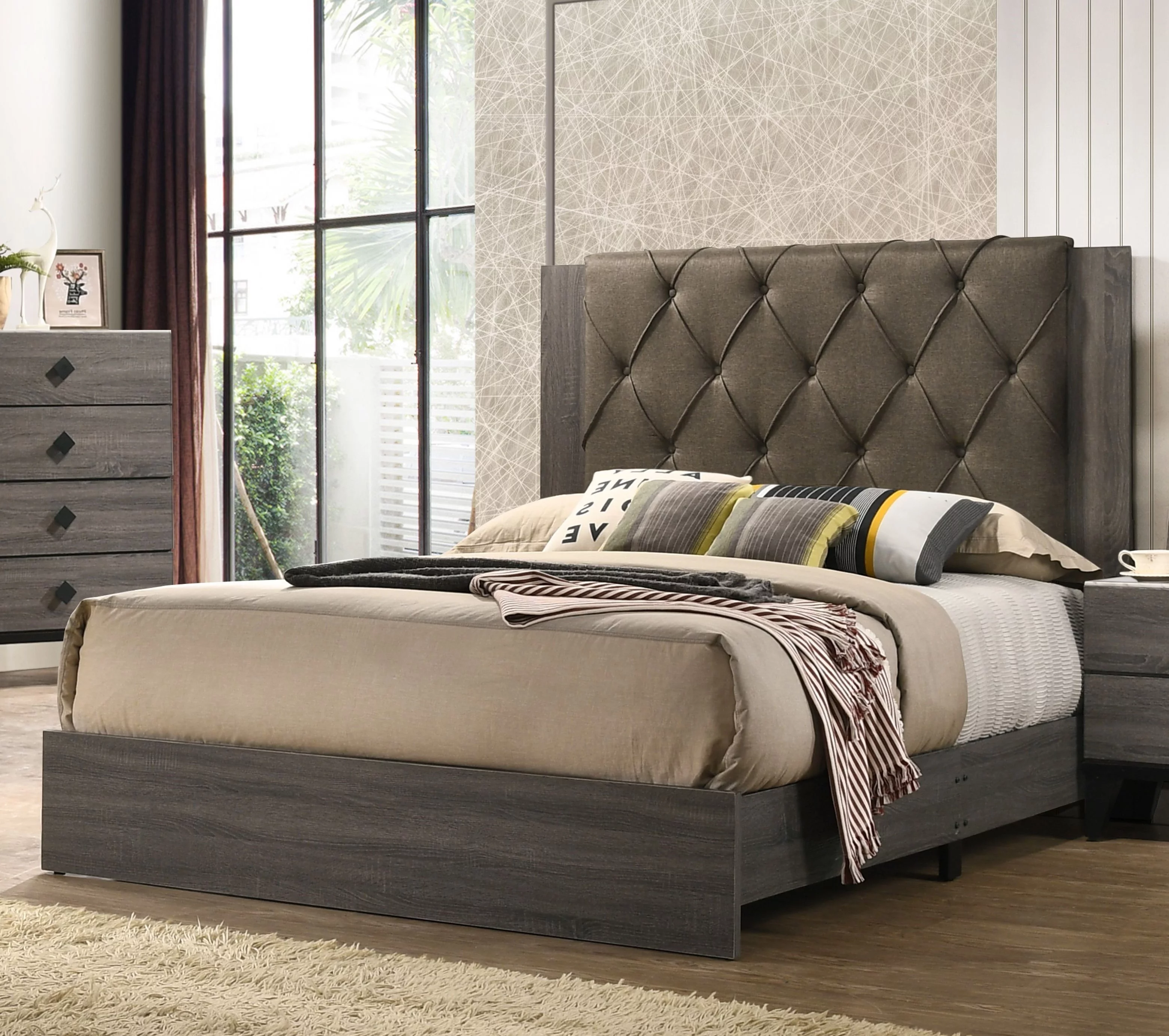 Queen Size Panel Bed Gray Oak Button Tufted Upholstered Tapered Wood Legs Contemporary Style Bedroom Furniture