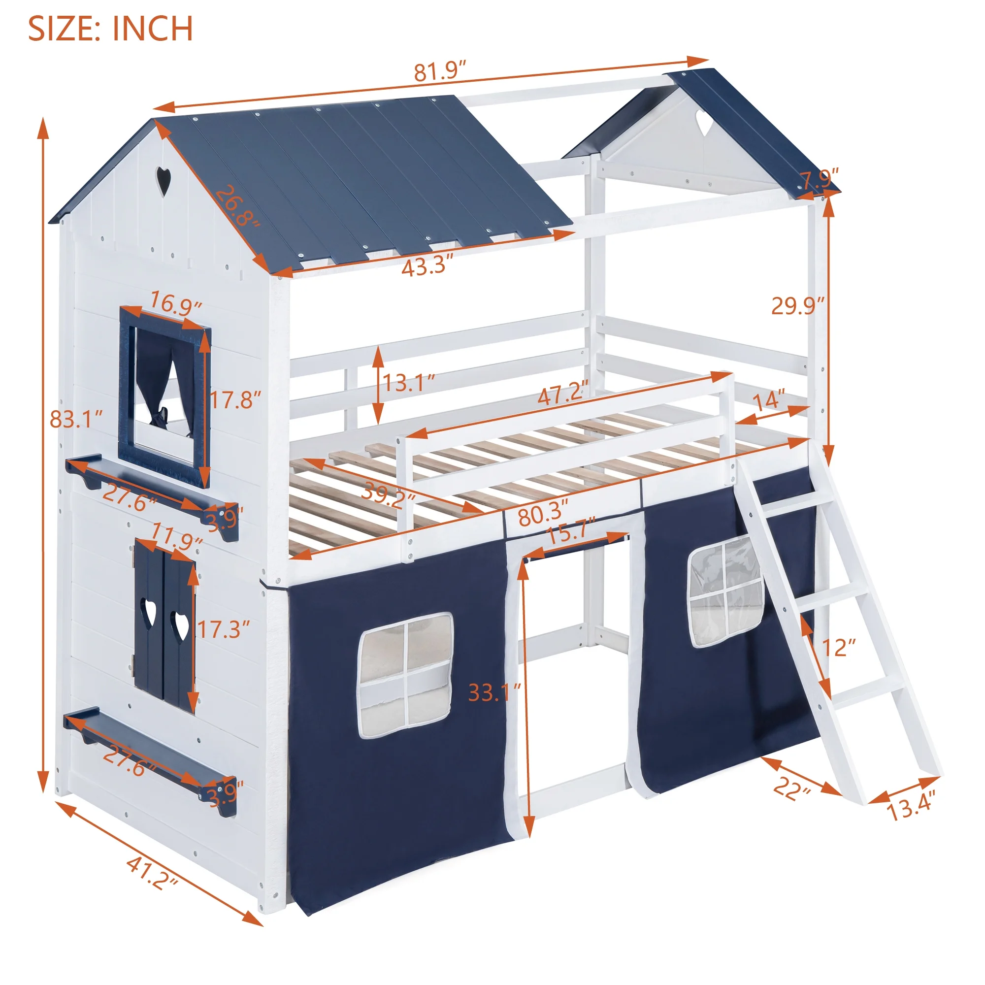 Churanty Twin Over Twin Bunk Wood House Bed with Elegant Windows Sills and Tent, Twin House Bunk Beds for Kids Girls Boys,Blue