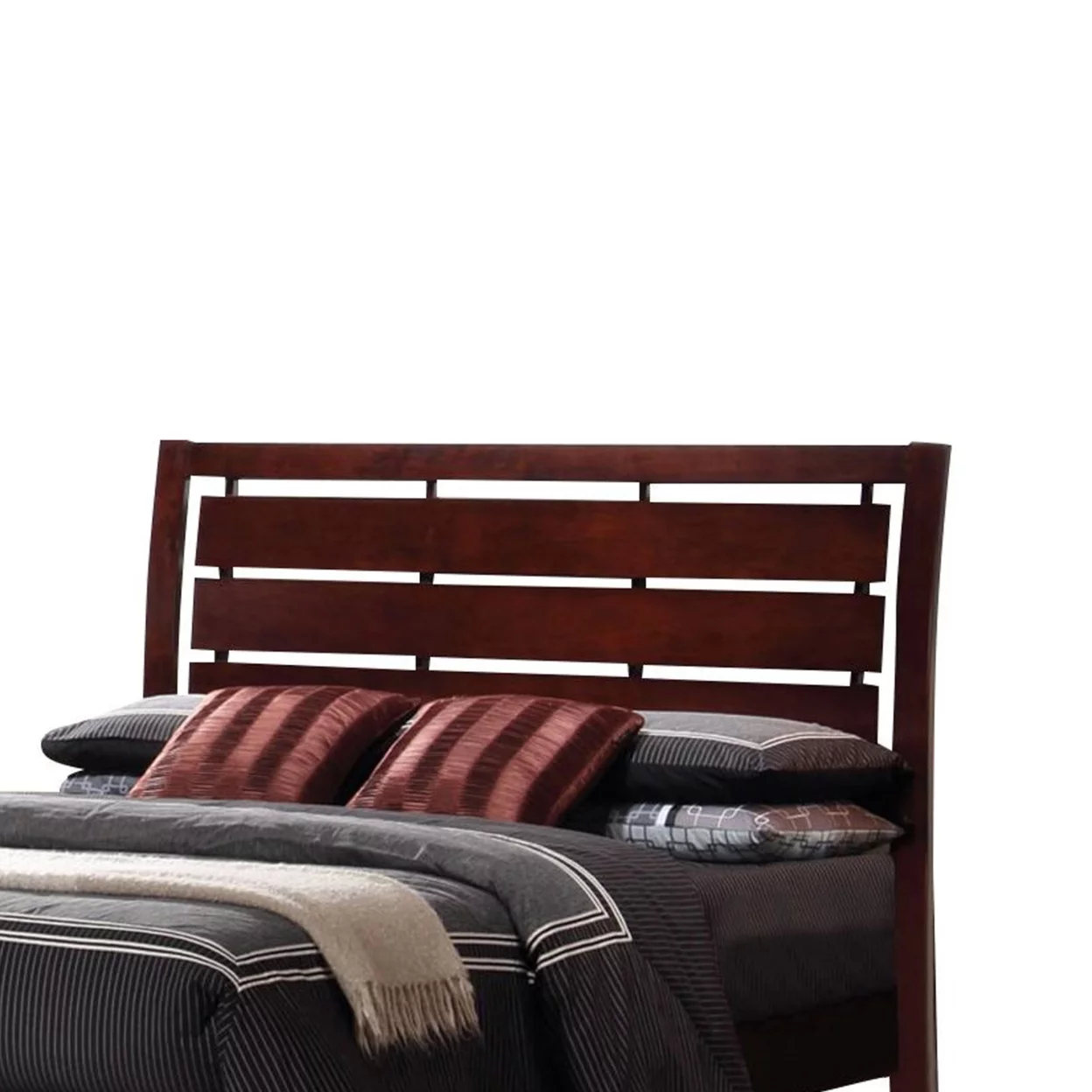 Transitional California King Size Wooden Bed with Slatted Headboard, Brown- Saltoro Sherpi