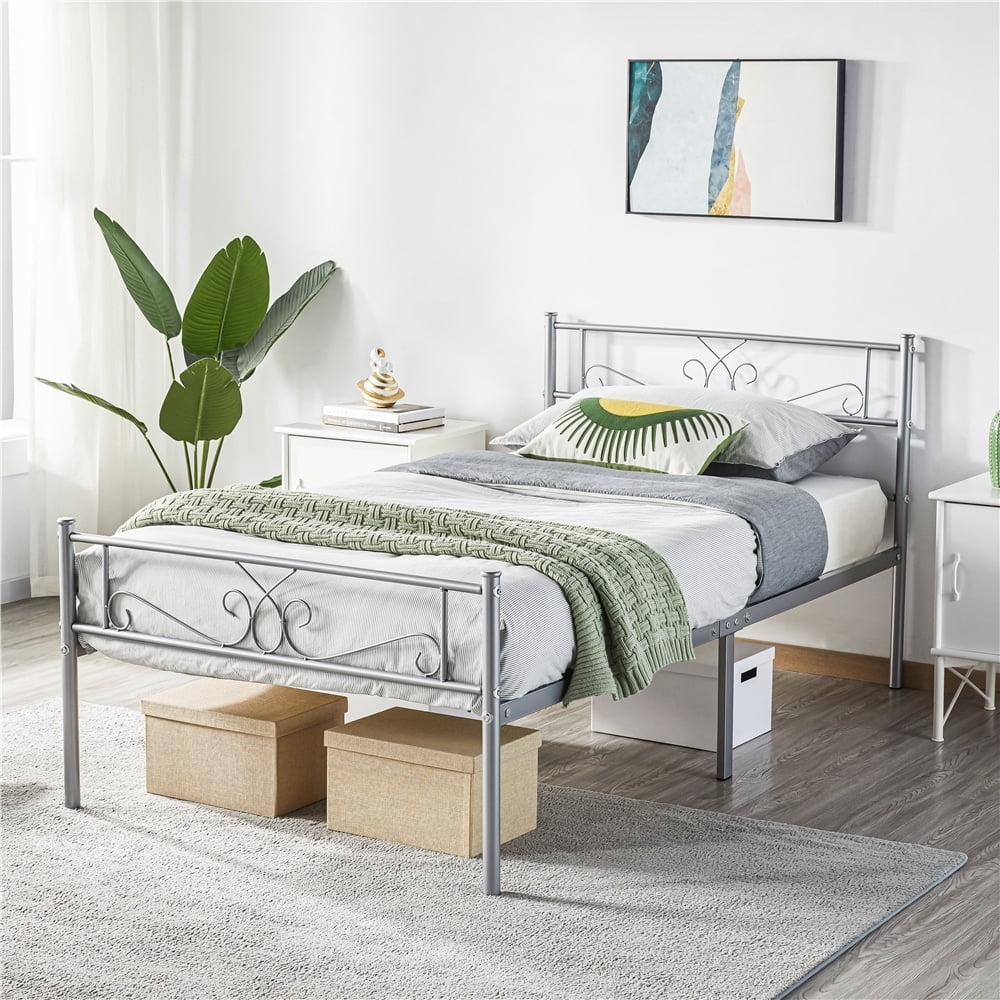 Yaheetech Graceful Scroll Metal Platform Bed with Headboard Silver 77.36