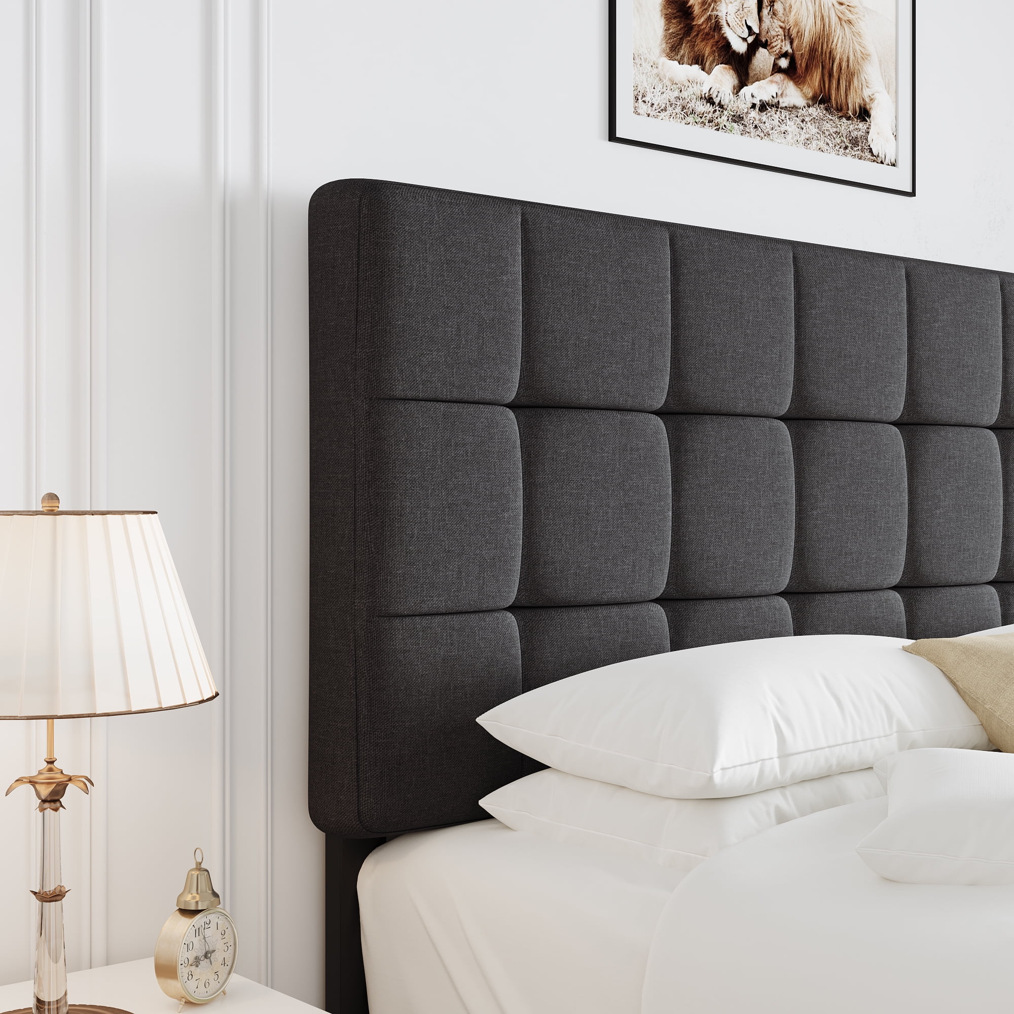 SHA CERLIN Grey Queen Size Panel Platform Bed Frame with Adjustable Fabric Upholstered Headboard, Adult