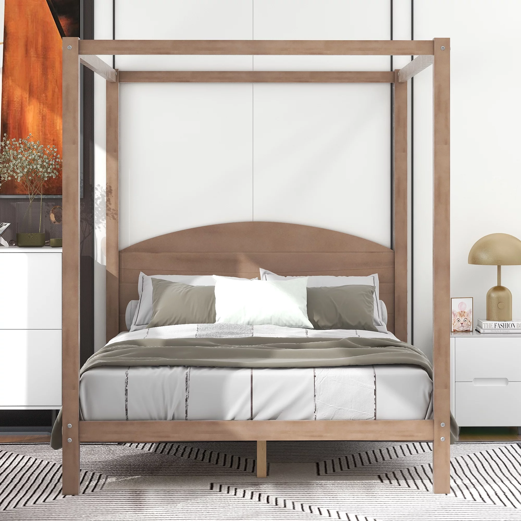 CoSoTower Queen Size Canopy Platform Bed With Headboard And Support Legs, Brown Wash