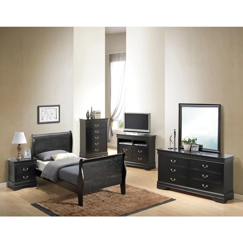 Passion Furniture  Louis Philippe Sleigh Bed with Headboard & Footboard, Black - Twin Size