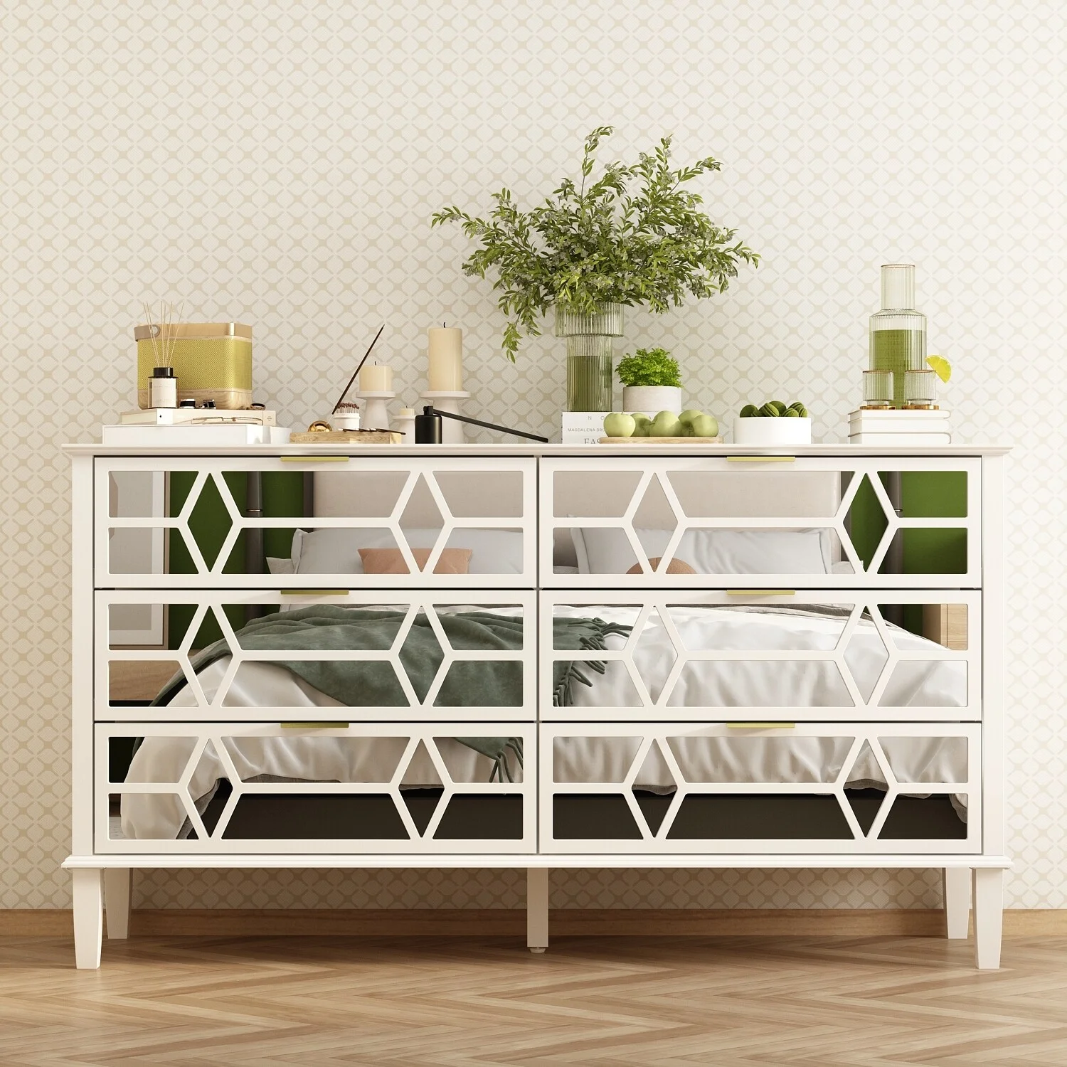 Mirrored Drawer Chest w/ 6 Drawer Mirrored Wide Dresser Modern Chest