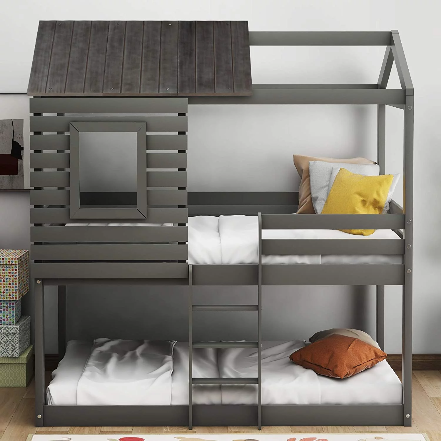Lifeand Twin Over Twin Bunk Bed with Roof, Window, Guardrail, Ladder for Kids Teens (Dark Gray)