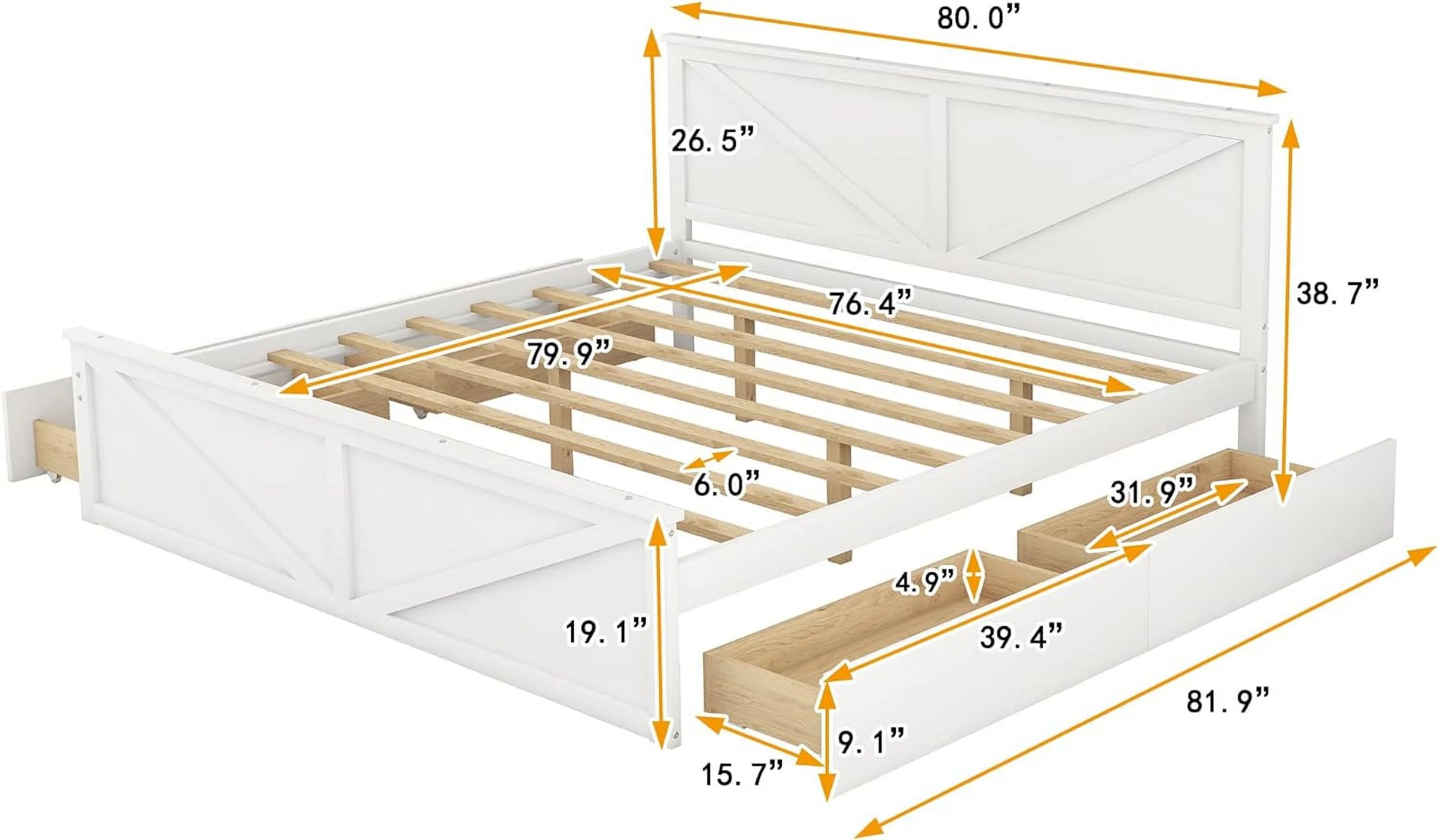 King Storage Bed With Headboard, King Size Platform Bed With 4 Drawers And Support Legs, Solid Wood King Bed Frame For Kids Teens Adults - White