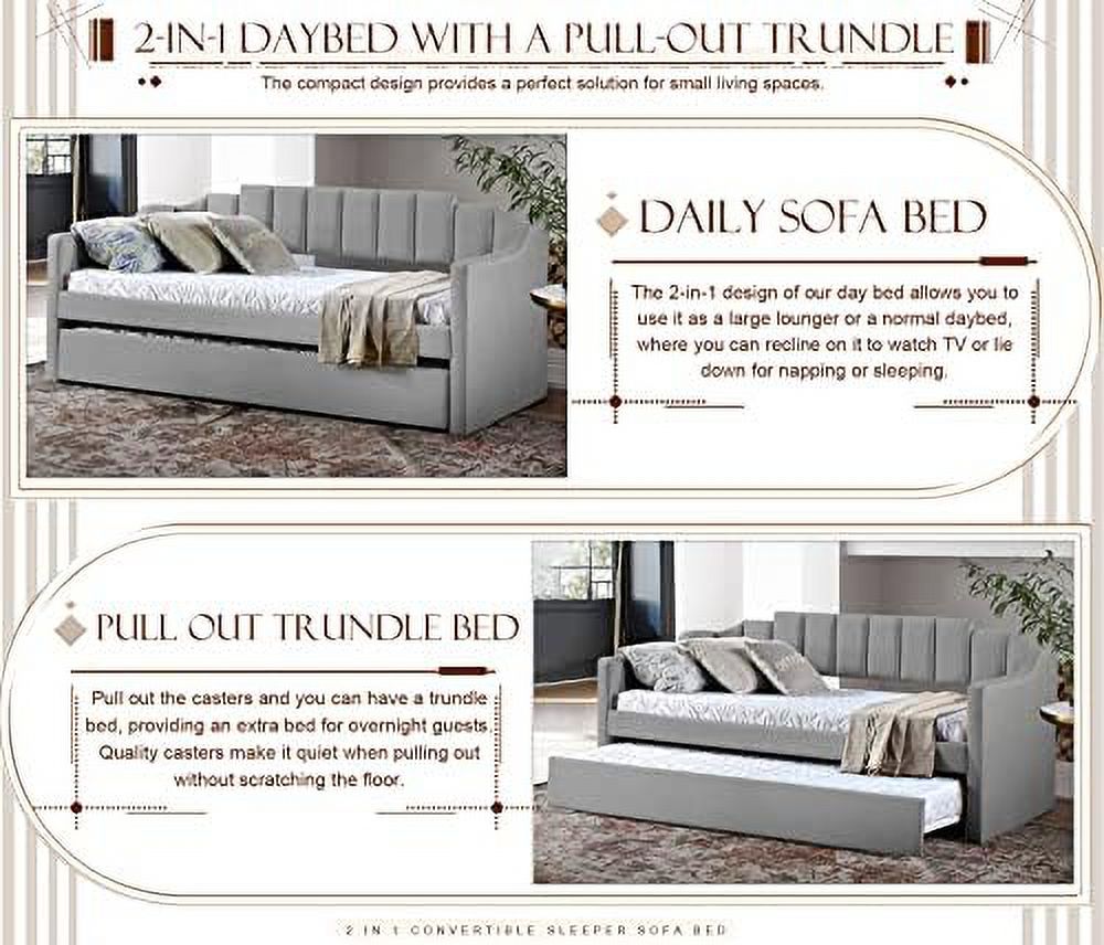 HOOMHIBIU Twin Size Daybed with Trundle  Velvet Day Bed Frame with Modern Line Design  No Box Spring Needed  Upholstered Sofa Bed with Roll-Out Trundle for Bedroom  Living Room  Guest Roo