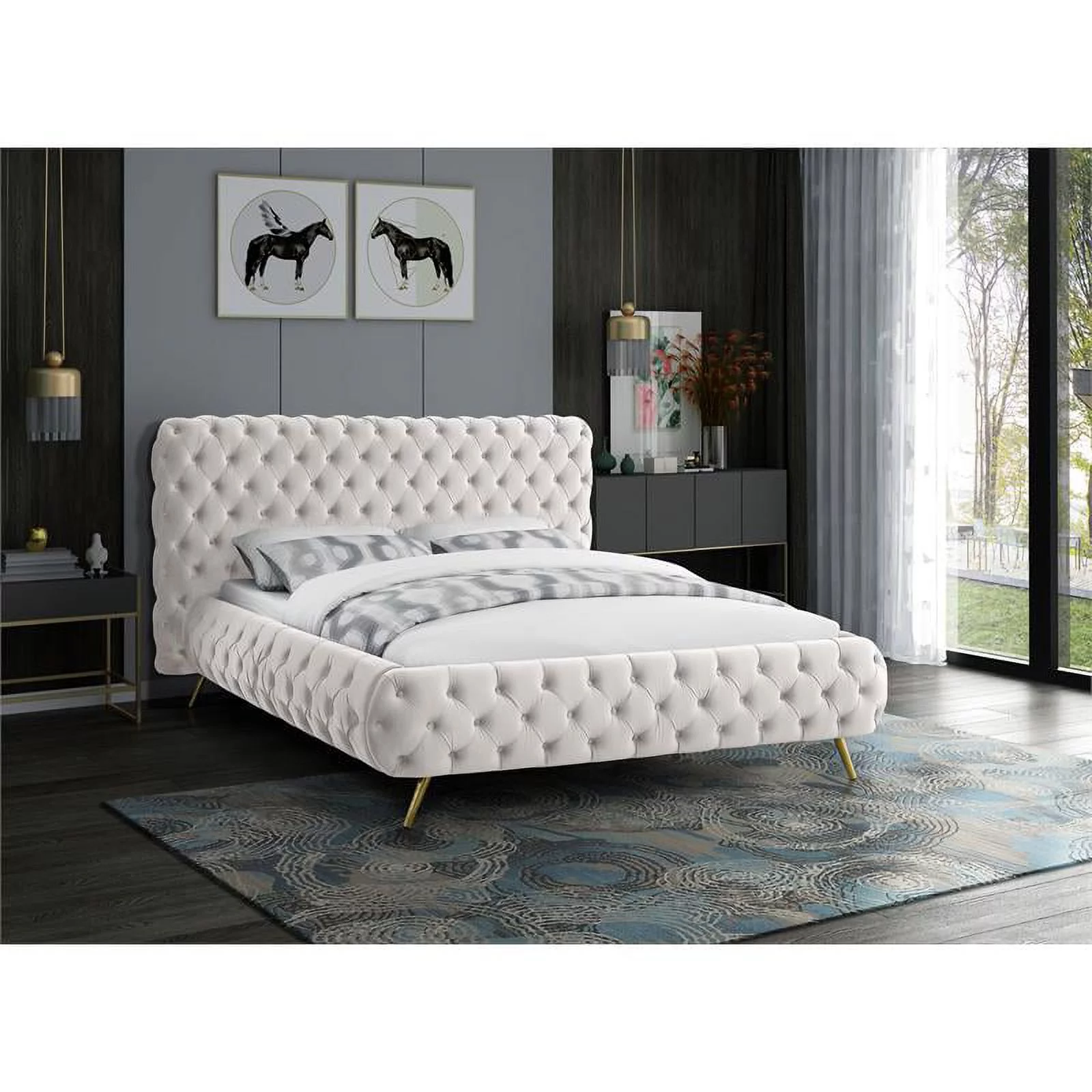 Maklaine Contemporary Solid Wood Tufted Velvet Queen Bed in Cream