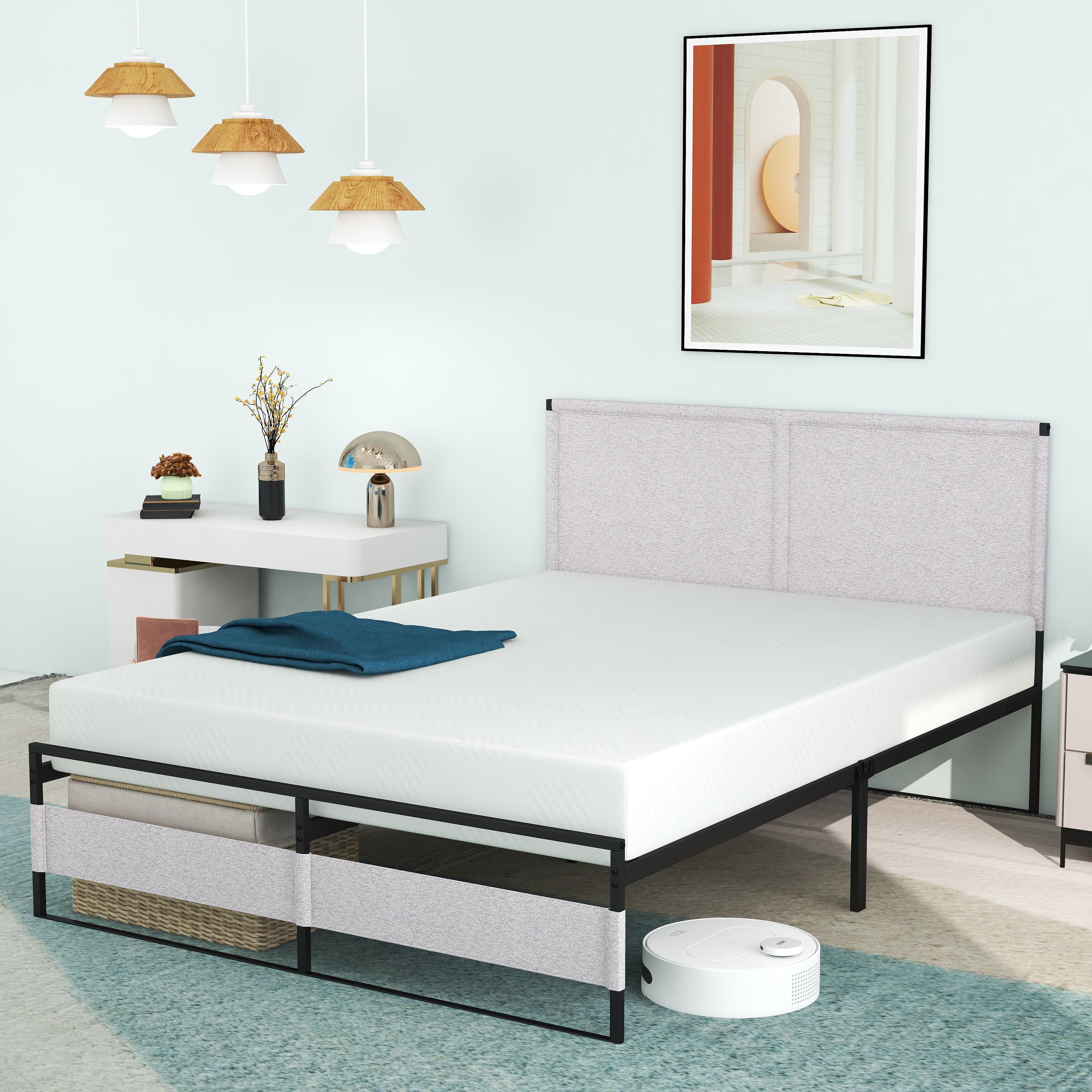 King Size Bed Frame with Headboard and Footboard, 14 inch Platform Bed Frame, Quick Install, Grey