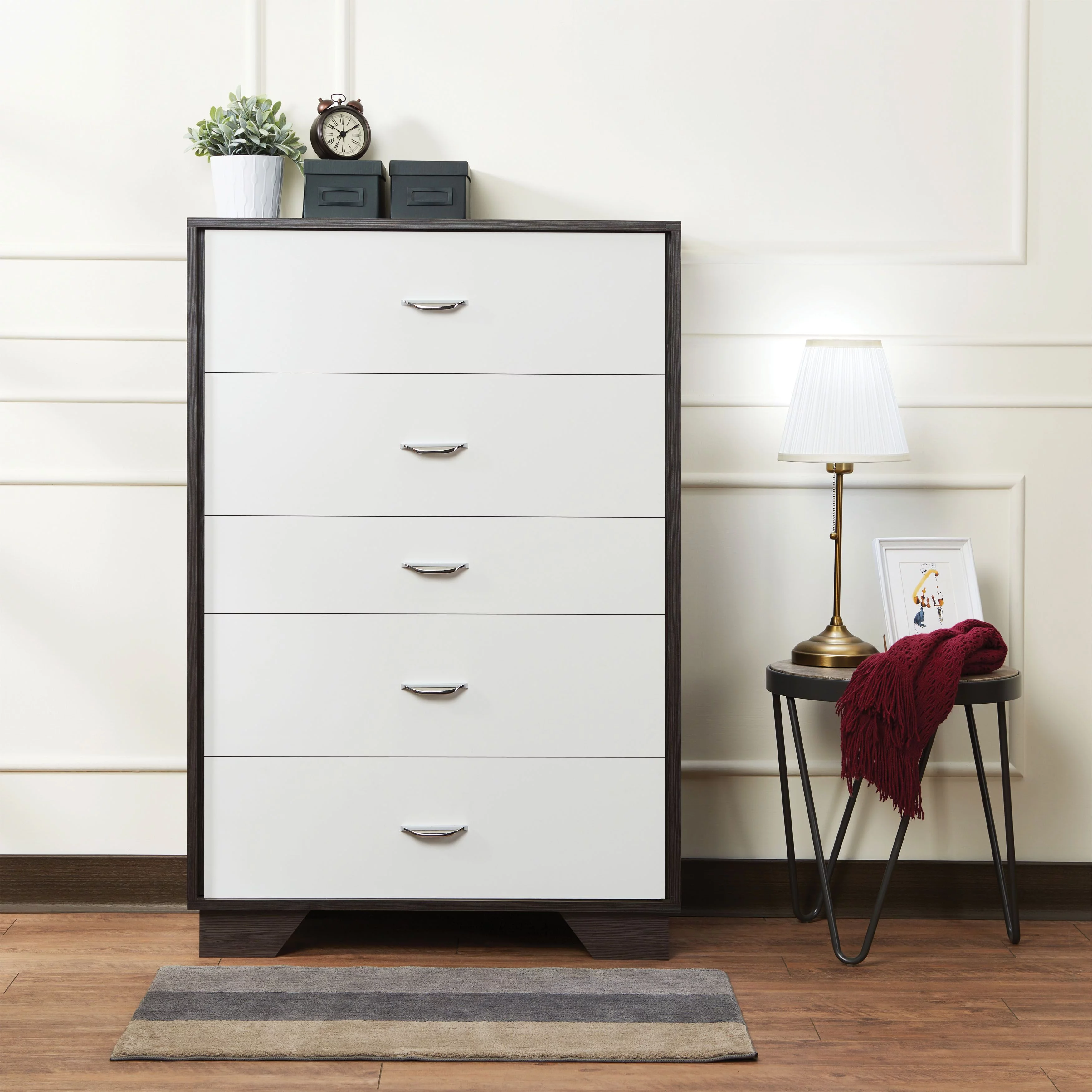 GIKPAL 5 Drawer Double Dresser for Bedroom Eloy Chest of Drawers in White & Espresso
