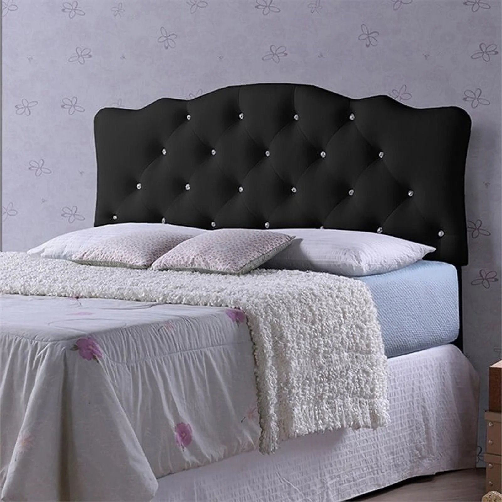Bowery Hill Modern Faux Leather Tufted Queen Panel Headboard in Black