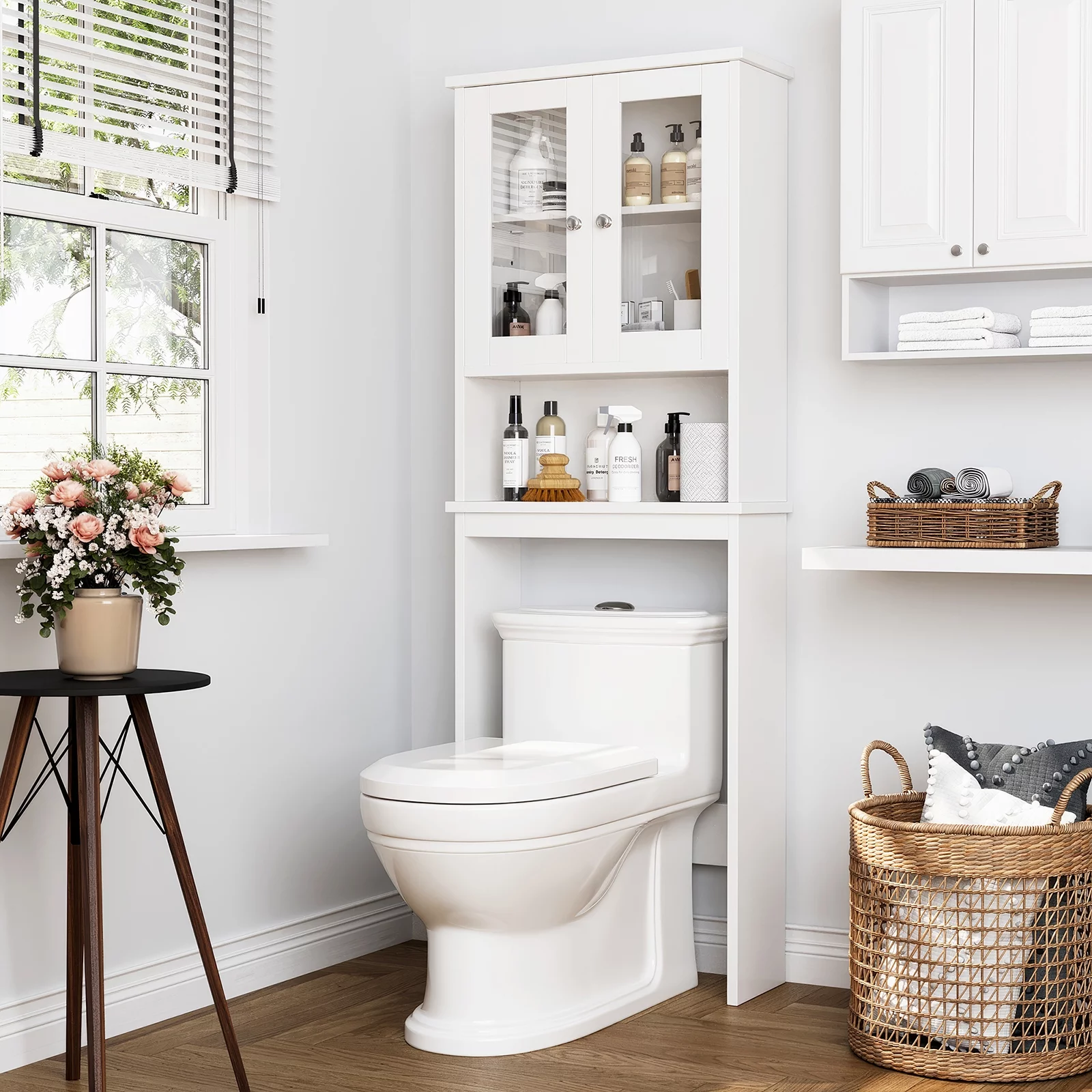 Sobaniilo Over The Toilet Storage Cabinet for Bathroom, Storage Organizer Over Toilet, Space Saver with Tempered Glass Doors, White