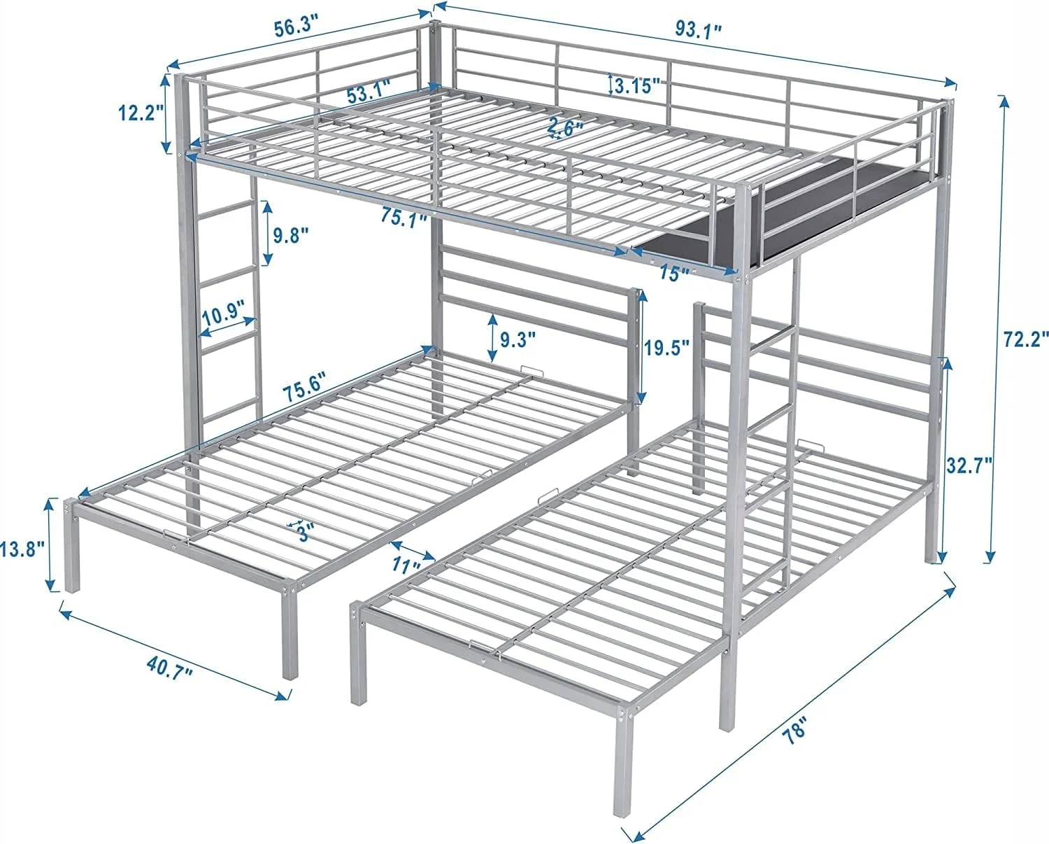 Metal Triple Bunk Beds Full Over & Bunk Bed With Upper Built-In Shelf, 3 Bed Bunk Beds With 2 Ladders For Kids, Teens, Adults, Silver