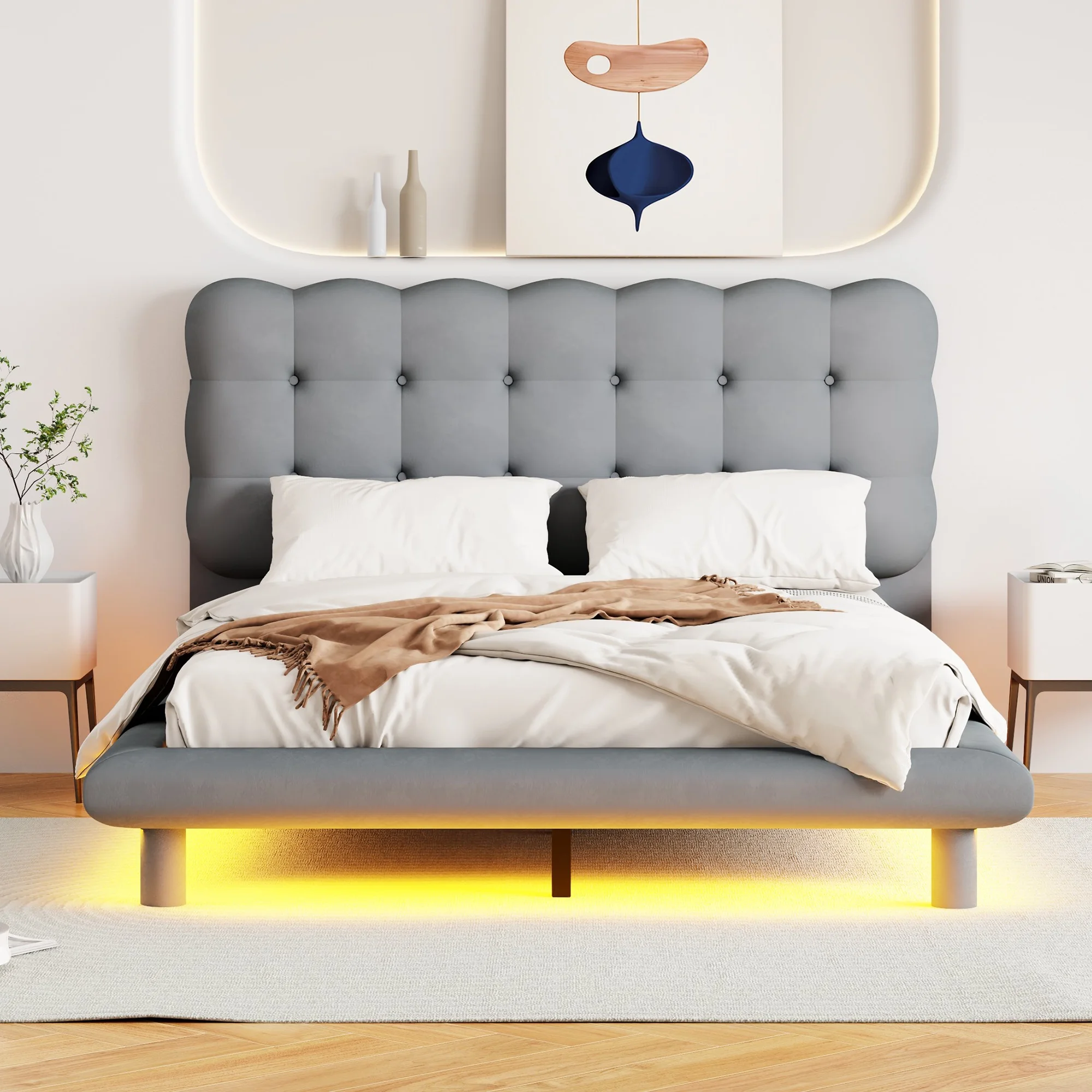 CoSoTower Full Size Velvet Platform Bed with LED Frame, Thick & Soft Fabric and Button-Tufted Design Headboard, Gray