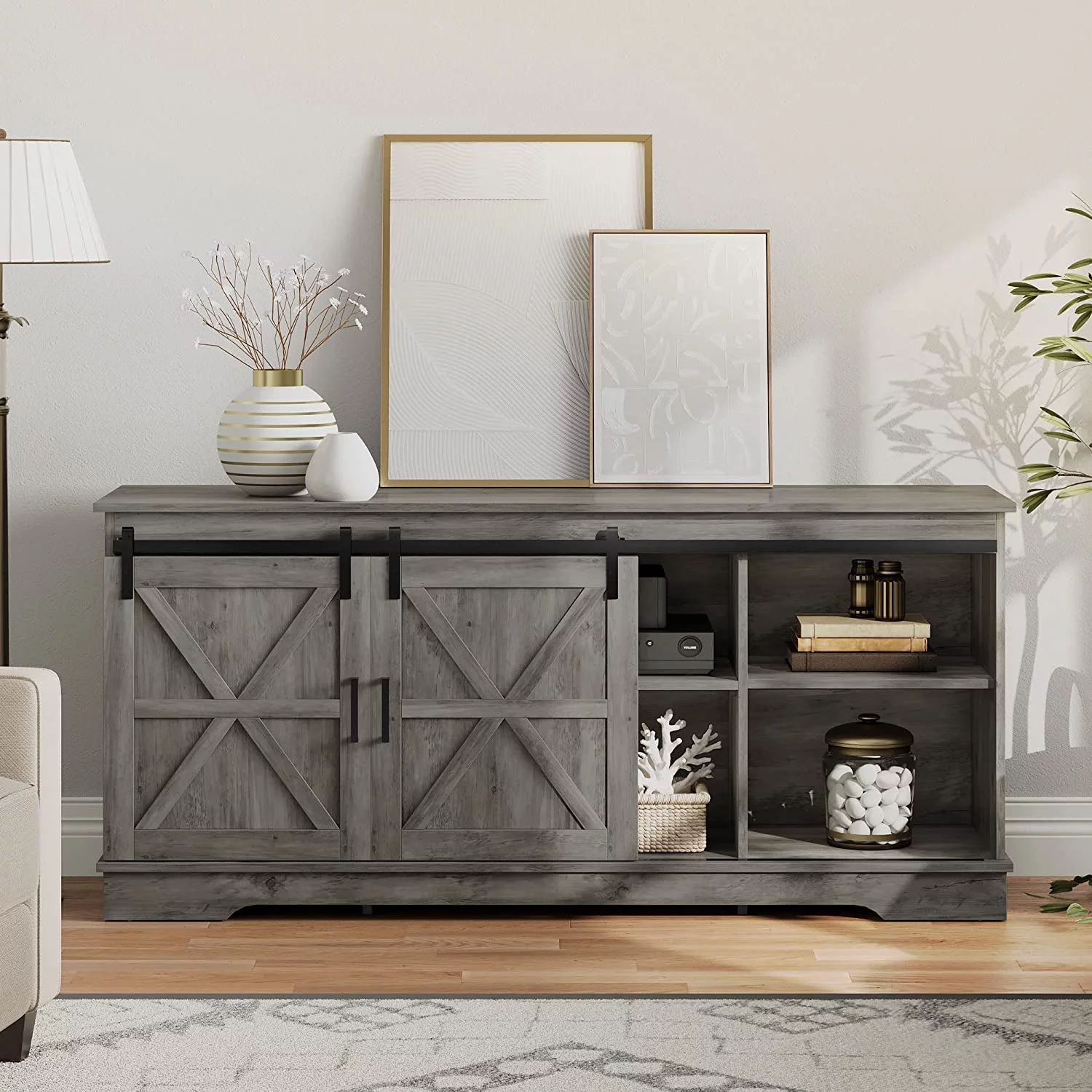 DEXTRUS Rustic TV Stand for 65 Inch TV, Entertainment Center with Sliding Barn Door, Wood TV Media Console for Living Room, Grey